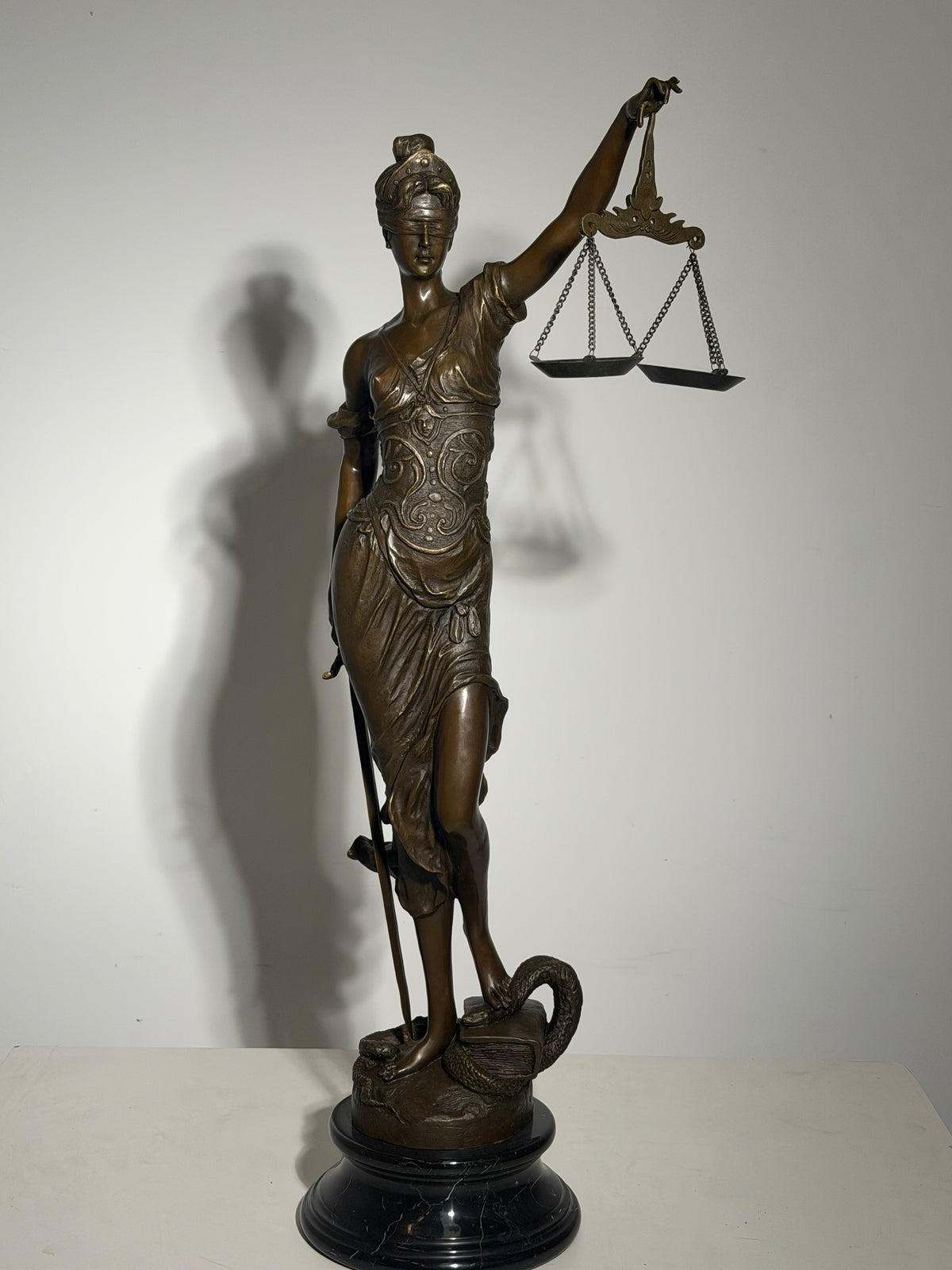 Large Bronze Lady Justice Statue on Marble Base – Signed “Mayer” – 100 cm