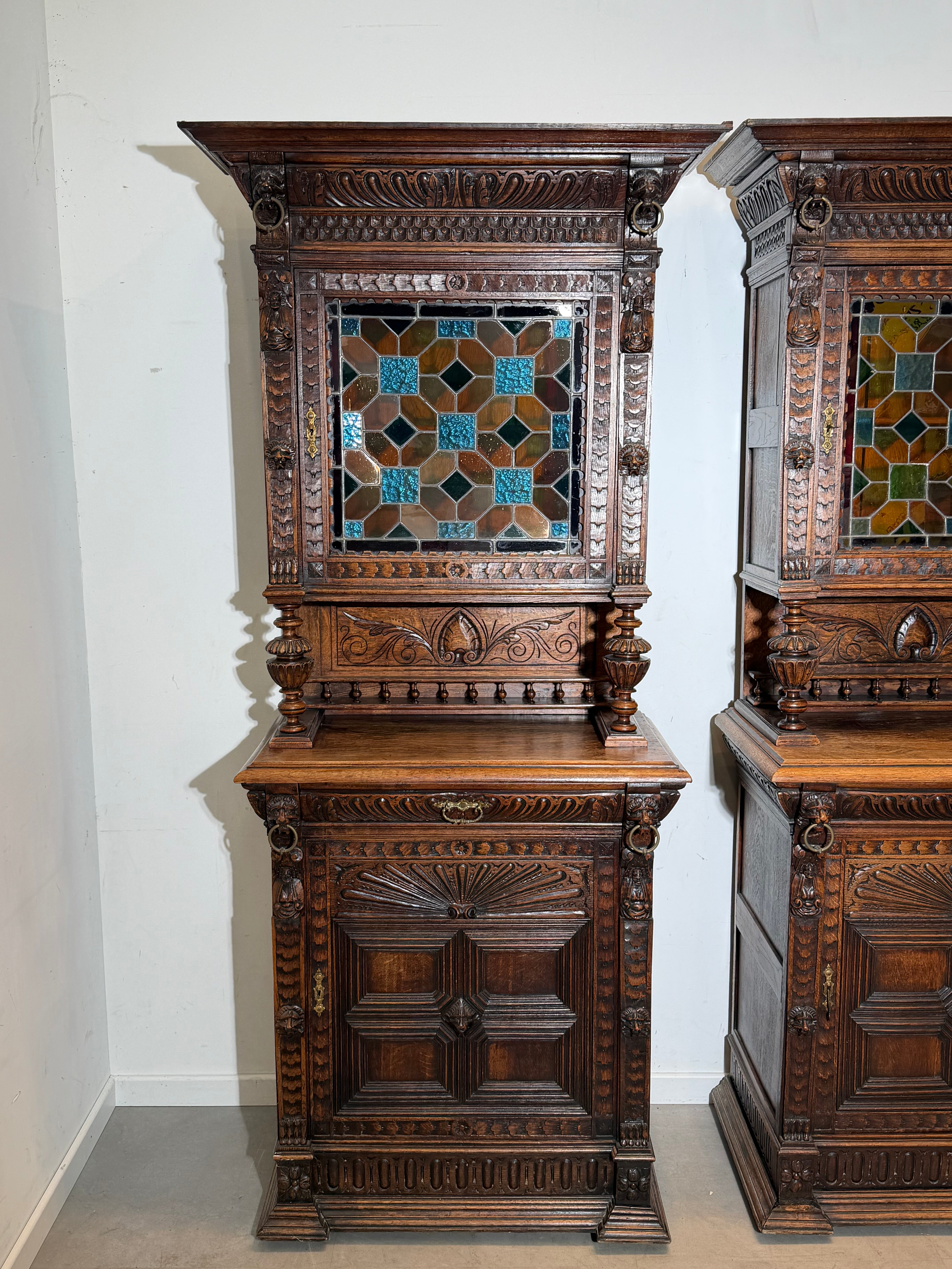 Pair Of Antique Neo-Renaissance Oak Display Cabinets with Stained Glass