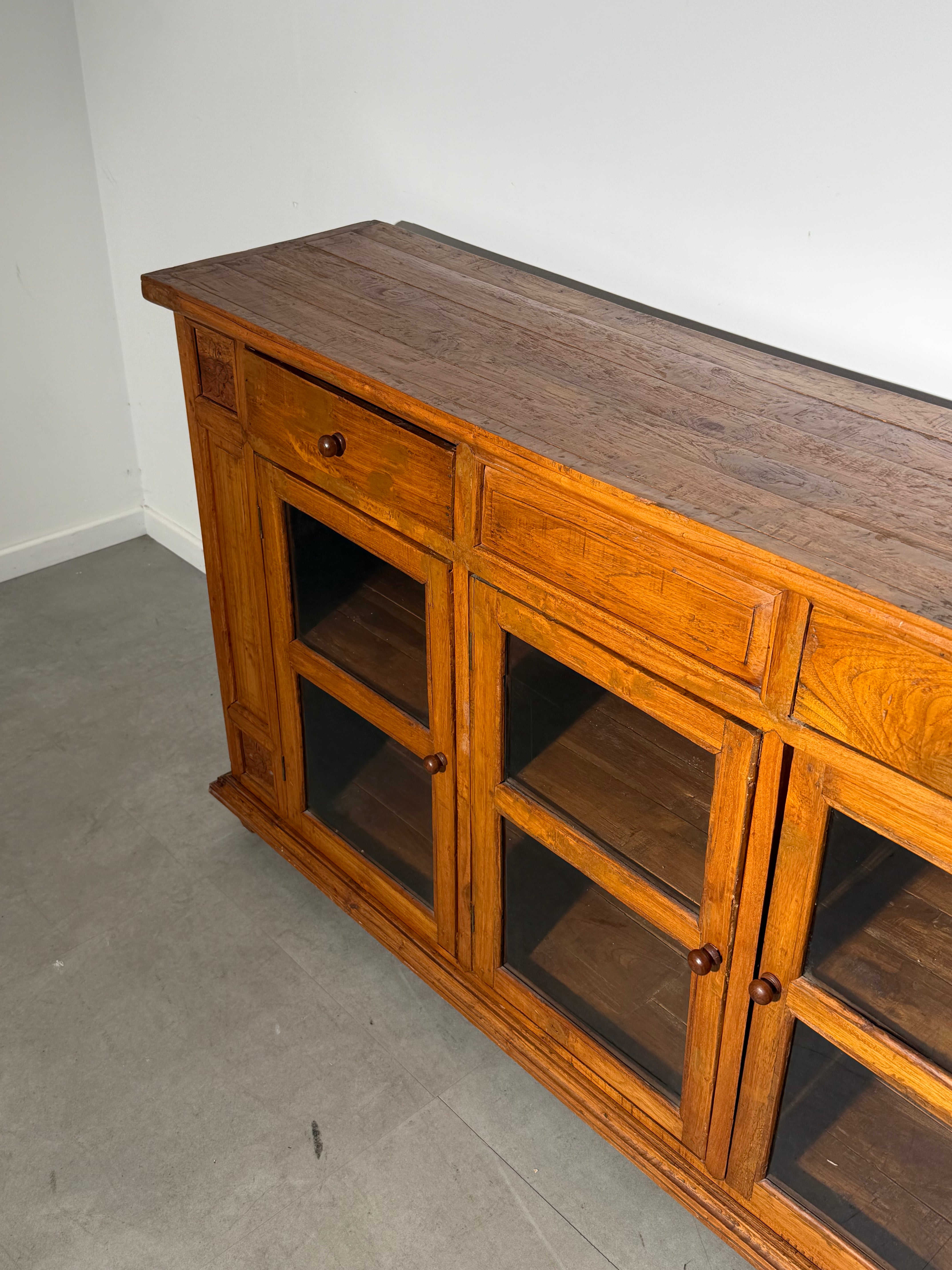 Antique Rustic Teak Display Cabinet / Sideboard with Glass Doors