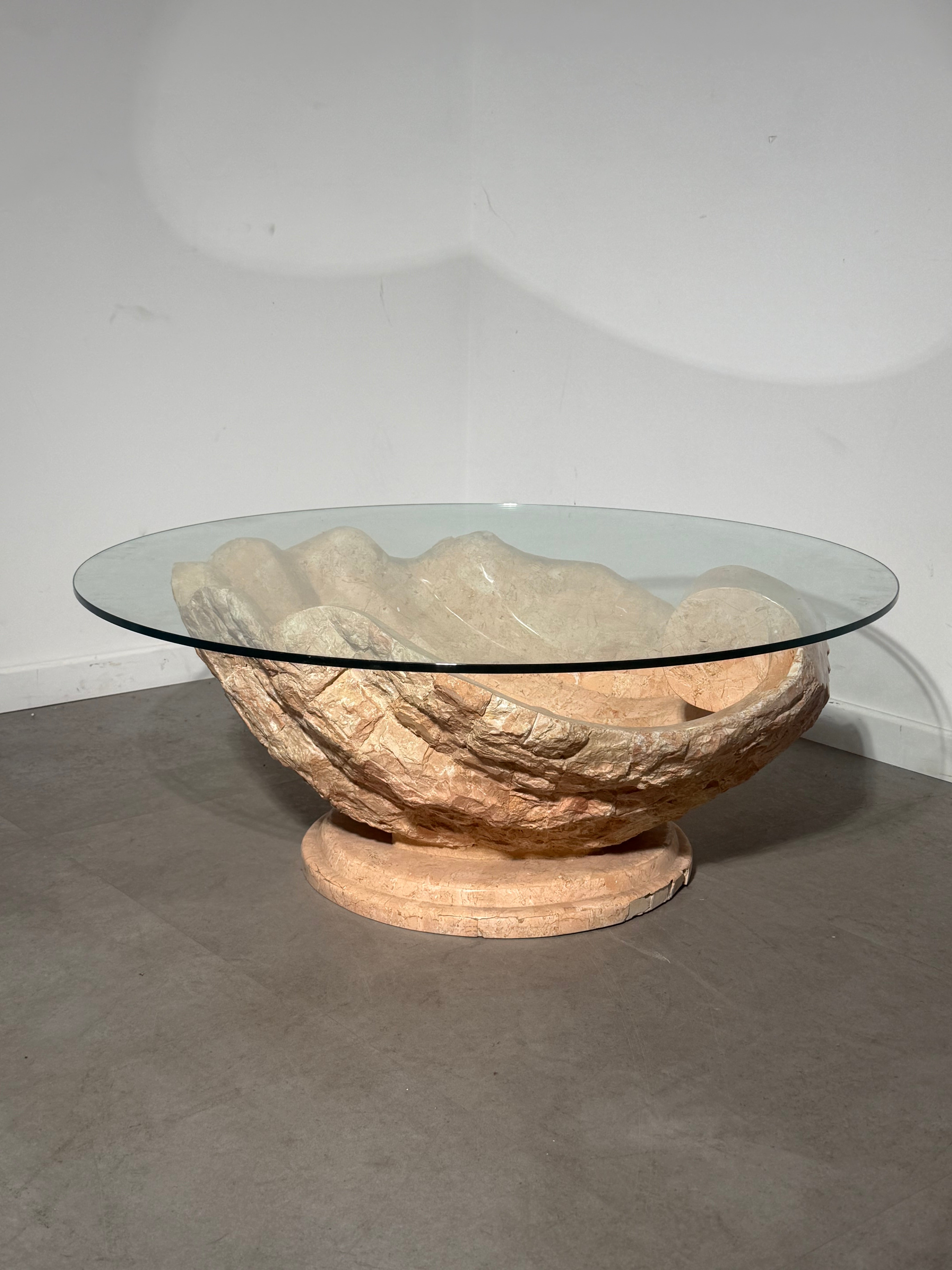 Sculptural Mactan Stone Coffee Table with Glass Top