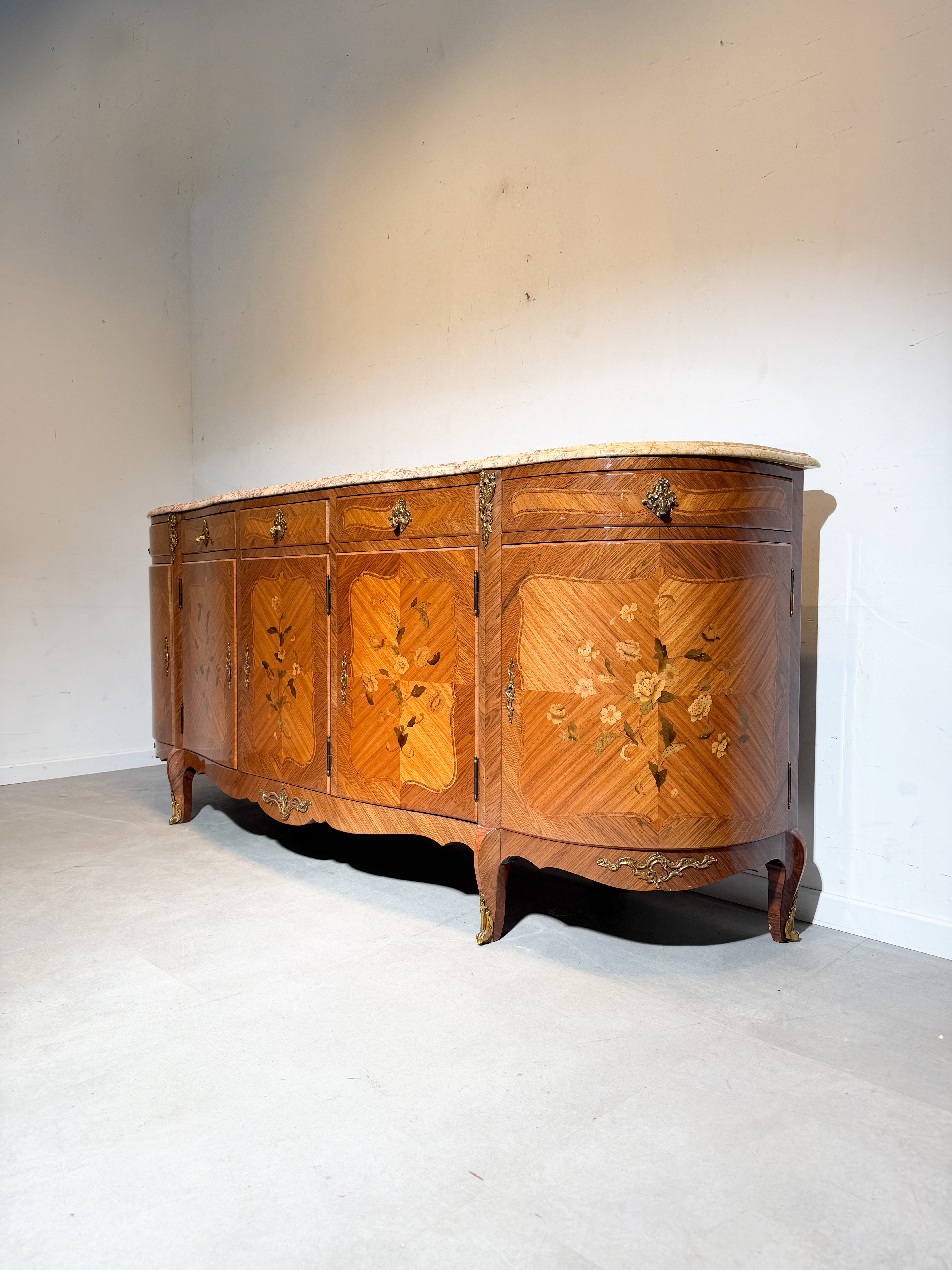 Large Louis XV Marquetry Sideboard with Marble Top – 245 cm