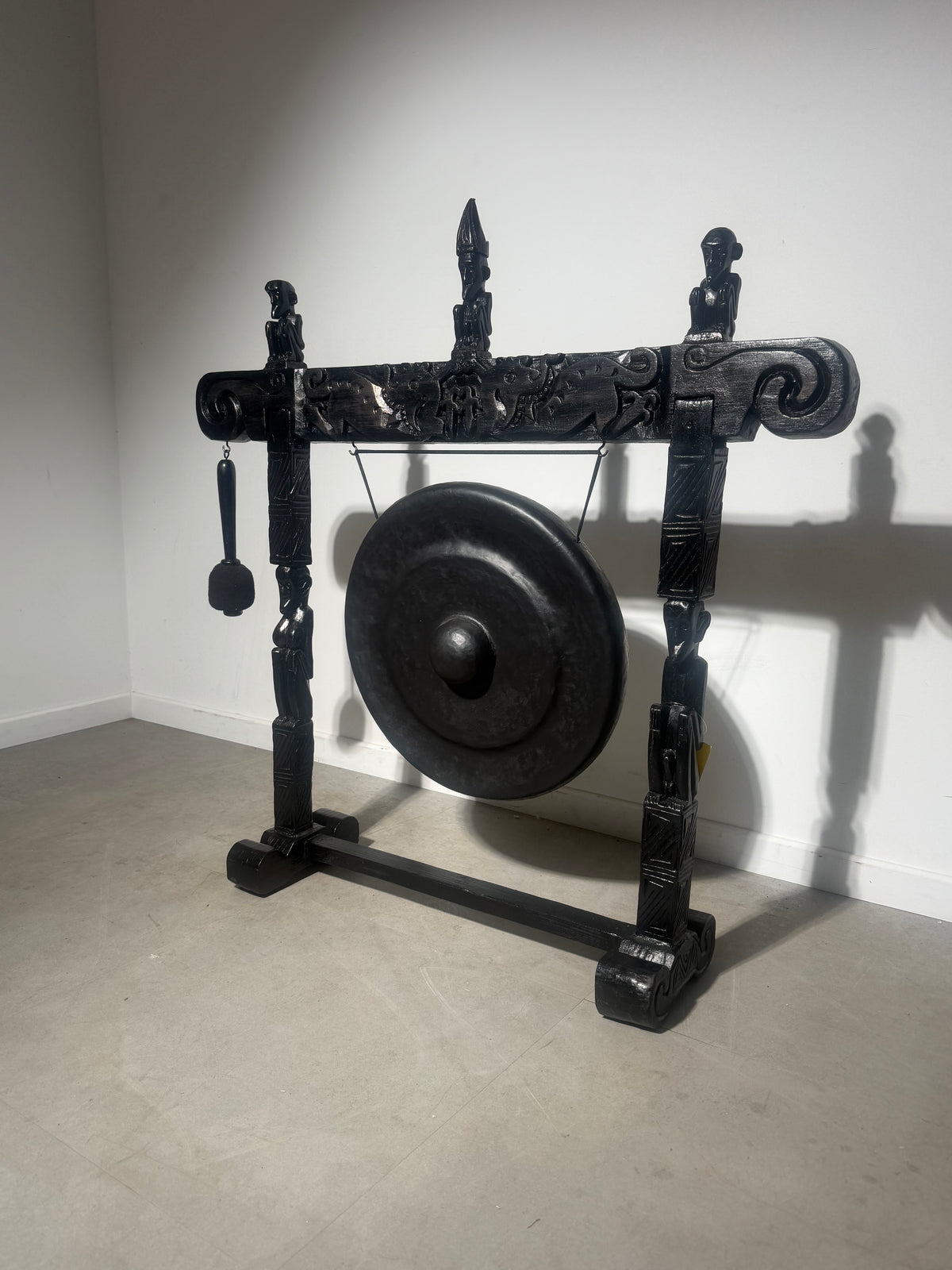 Large Gong with Carved Wooden Stand & Mallet