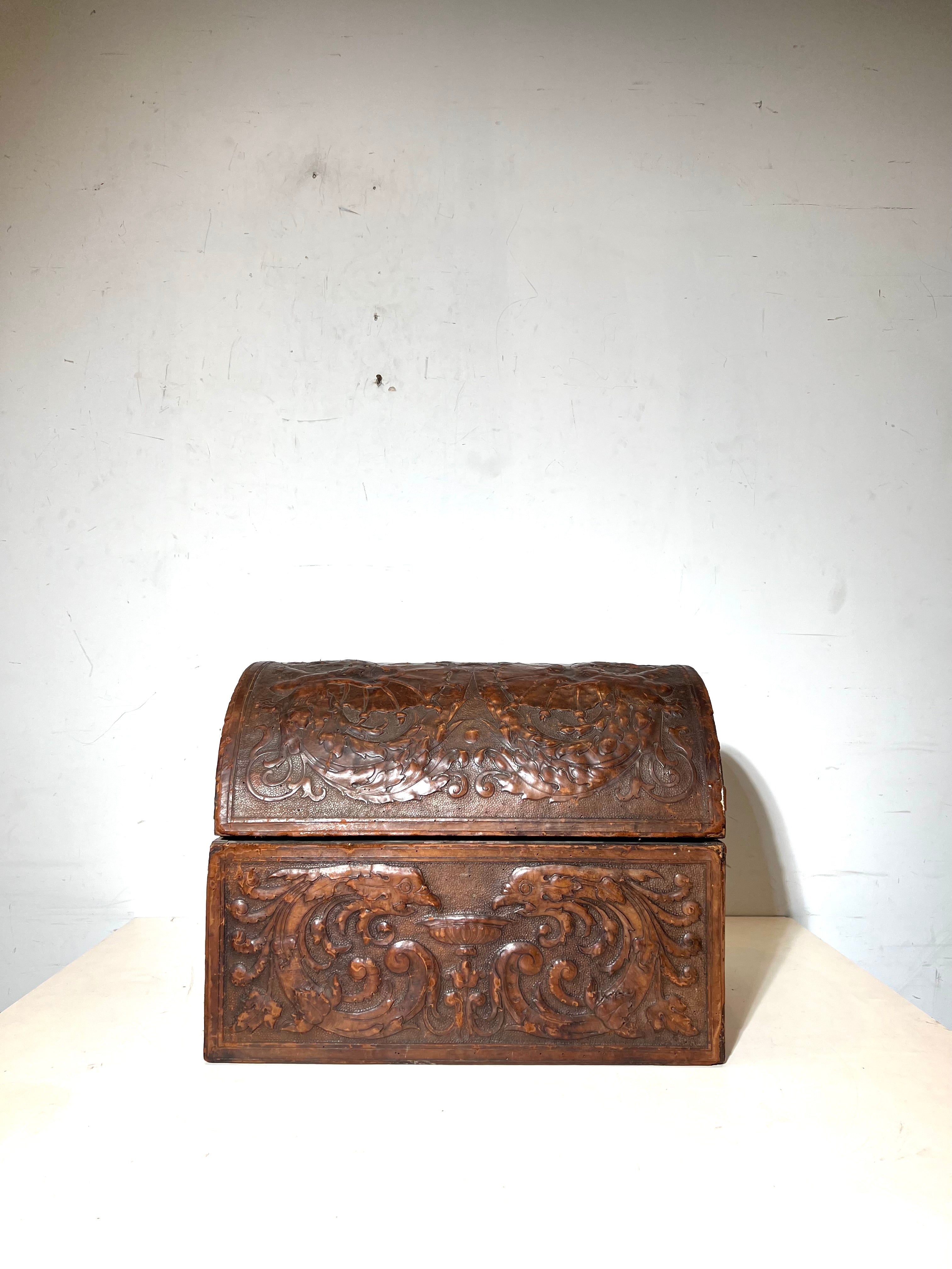 Antique Embossed Leather Dome Chest