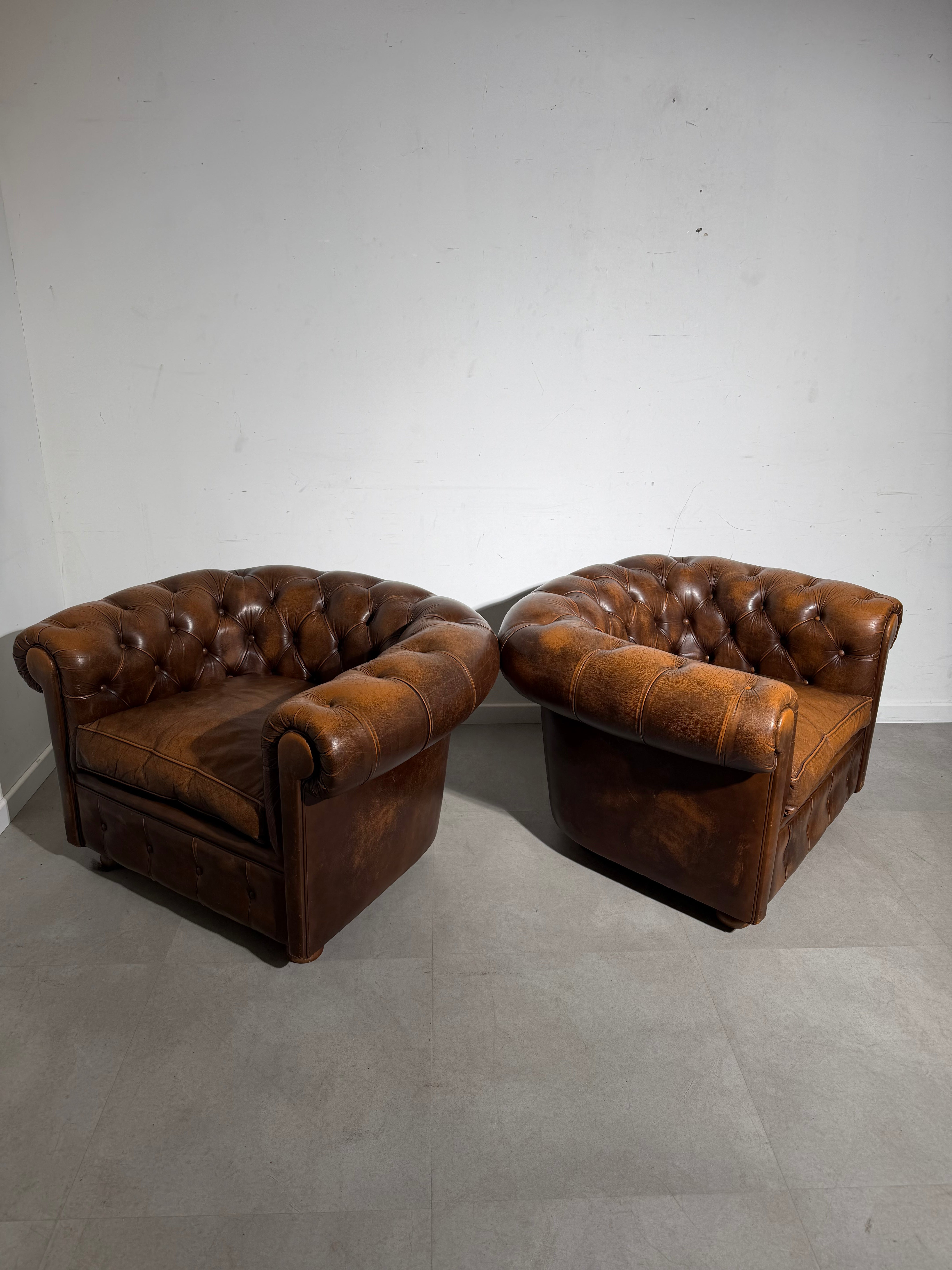 Pair of Vintage Chesterfield Club Chairs in Cognac Leather – Beautiful Patina