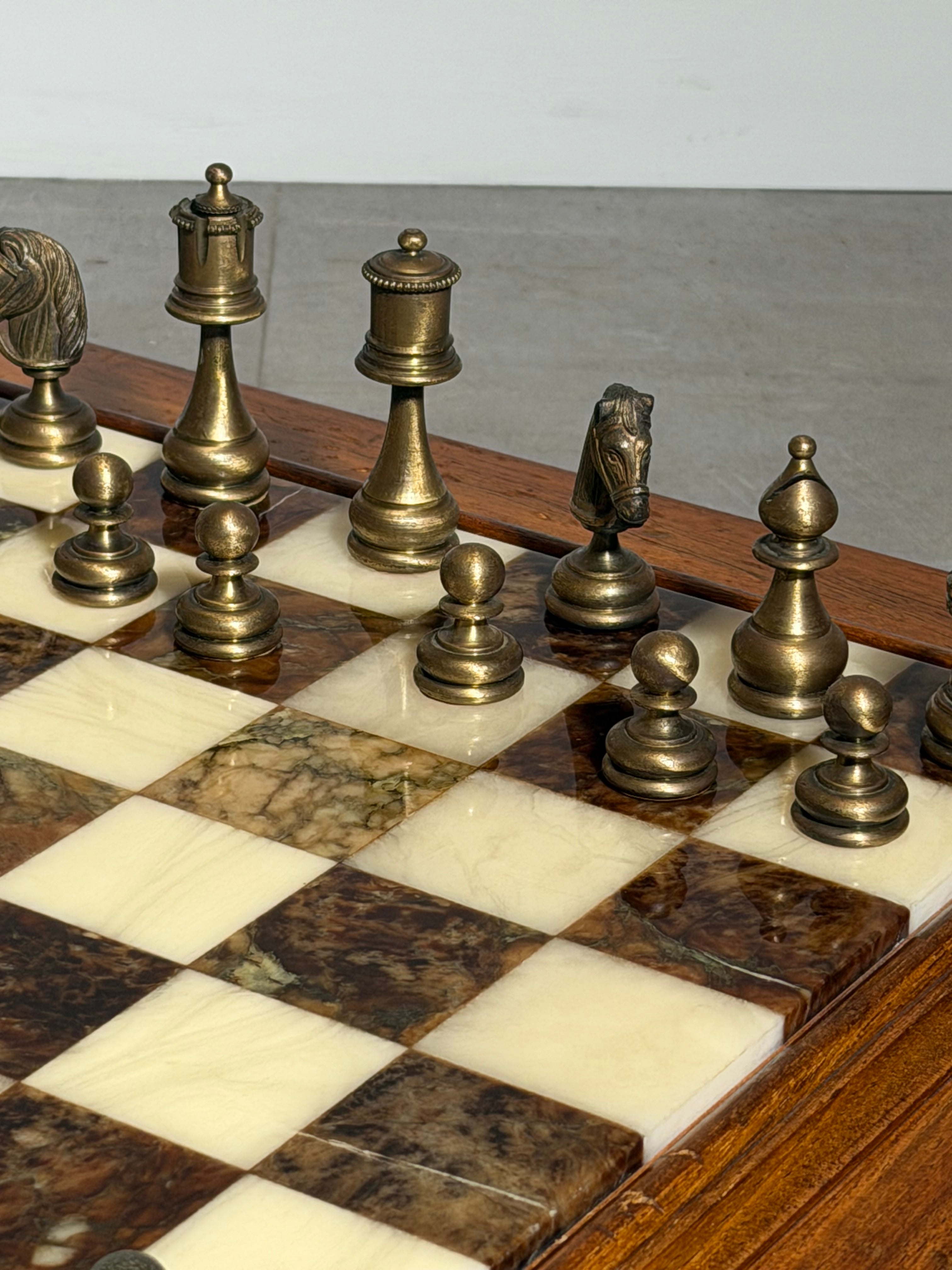 Vintage Marble Chess Set with Metal Pieces & Hidden Storage
