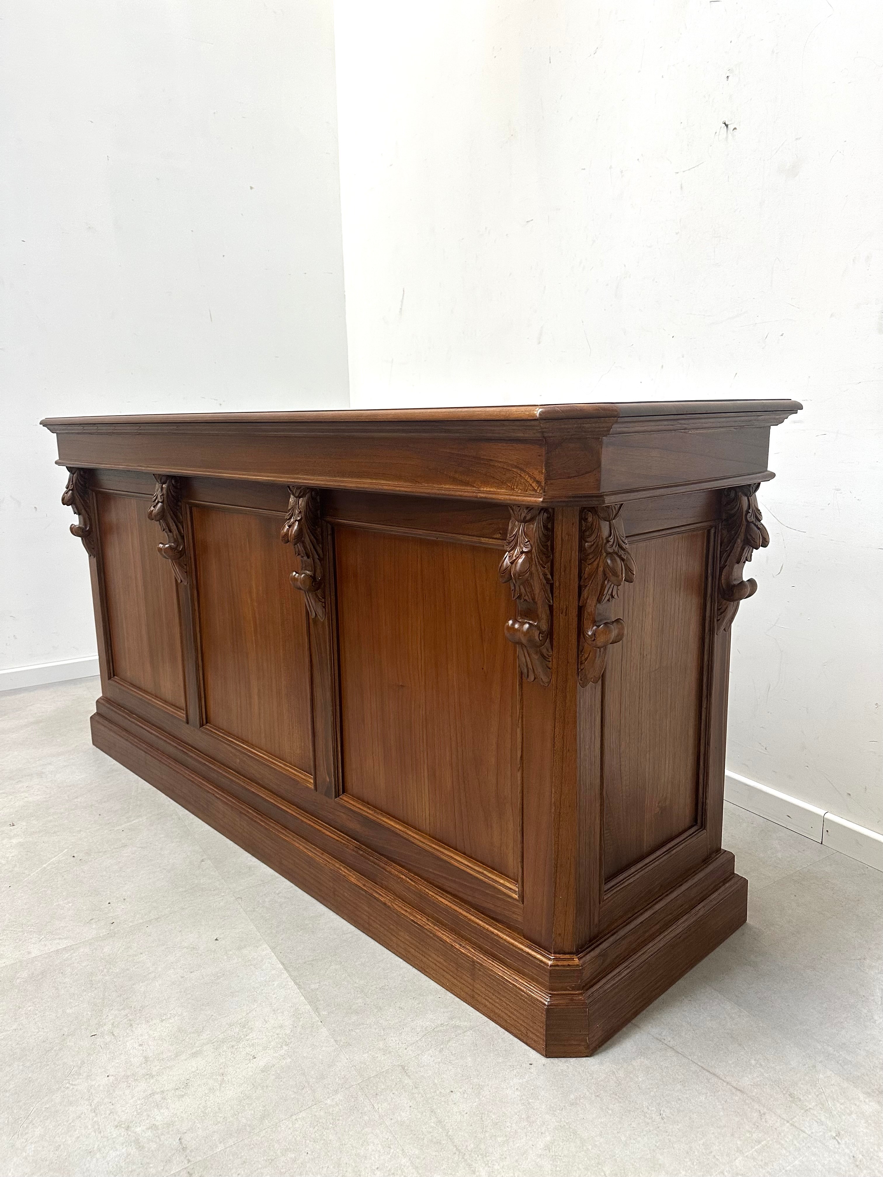 Antique Elm Wood Counter with Carved Details