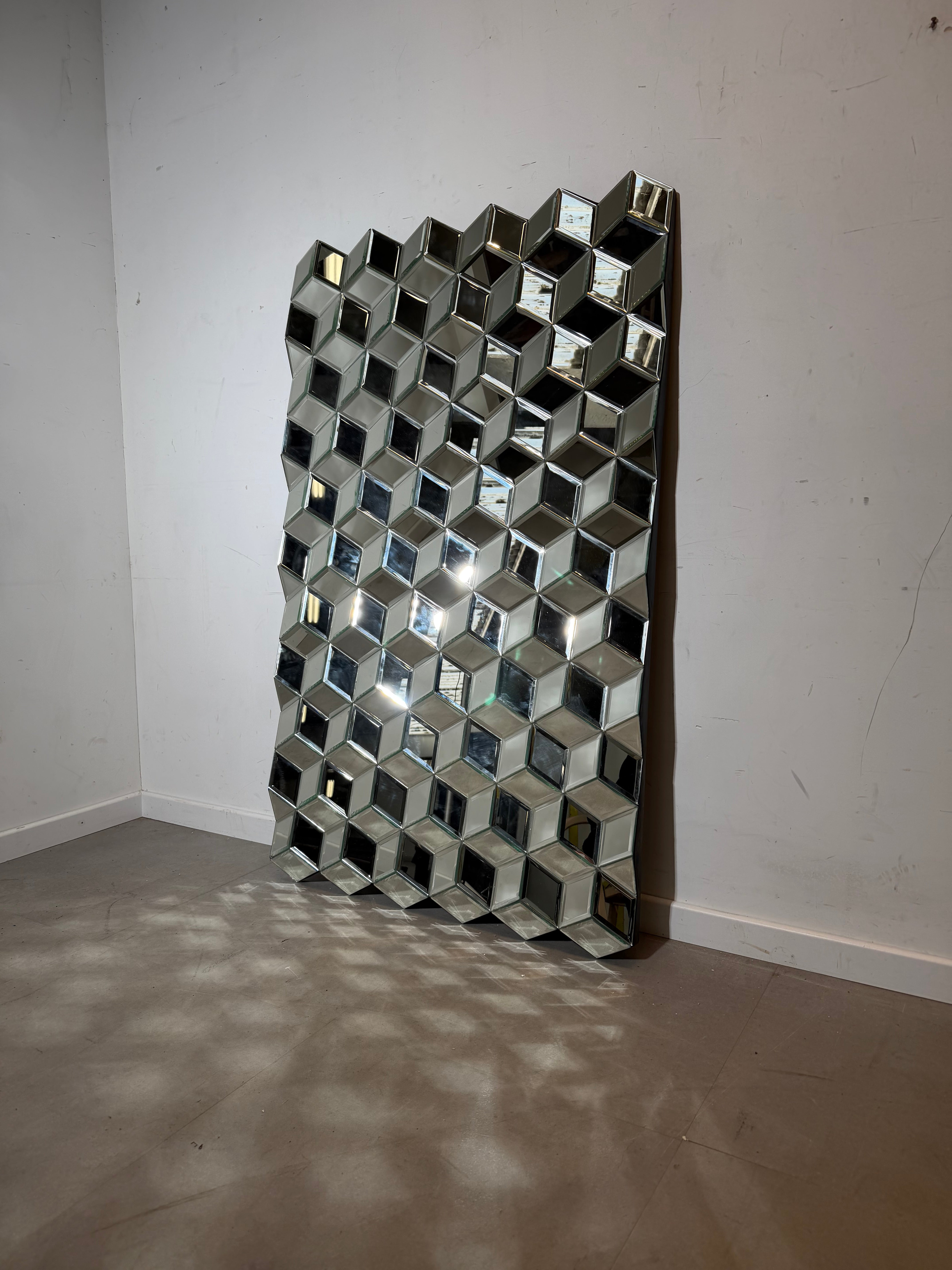 Large Geometric Faceted Mirror – Sculptural Cube Prism Mirror – 150 × 92 cm