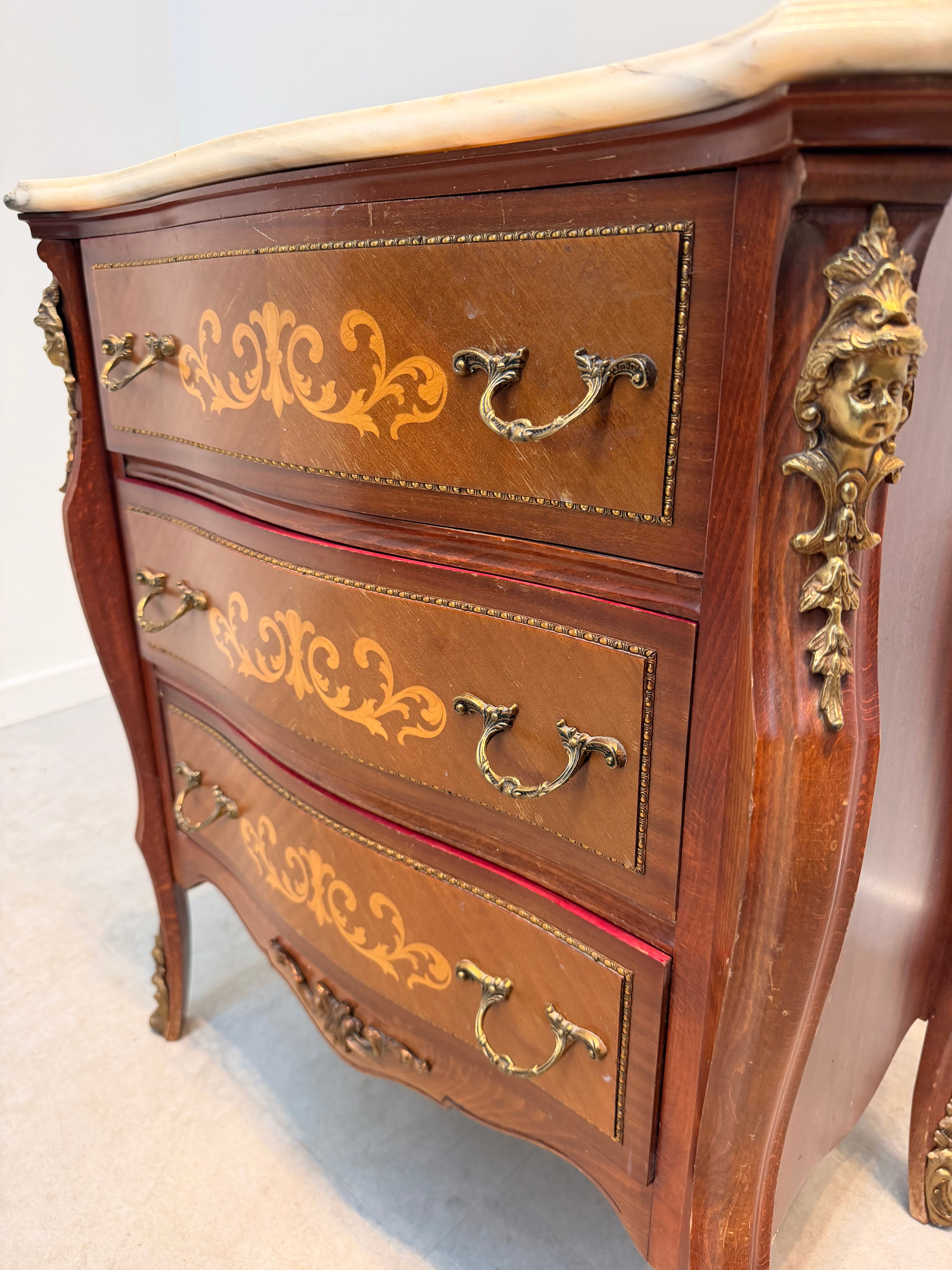 French Louis XV Style Marquetry Commode with Marble Top