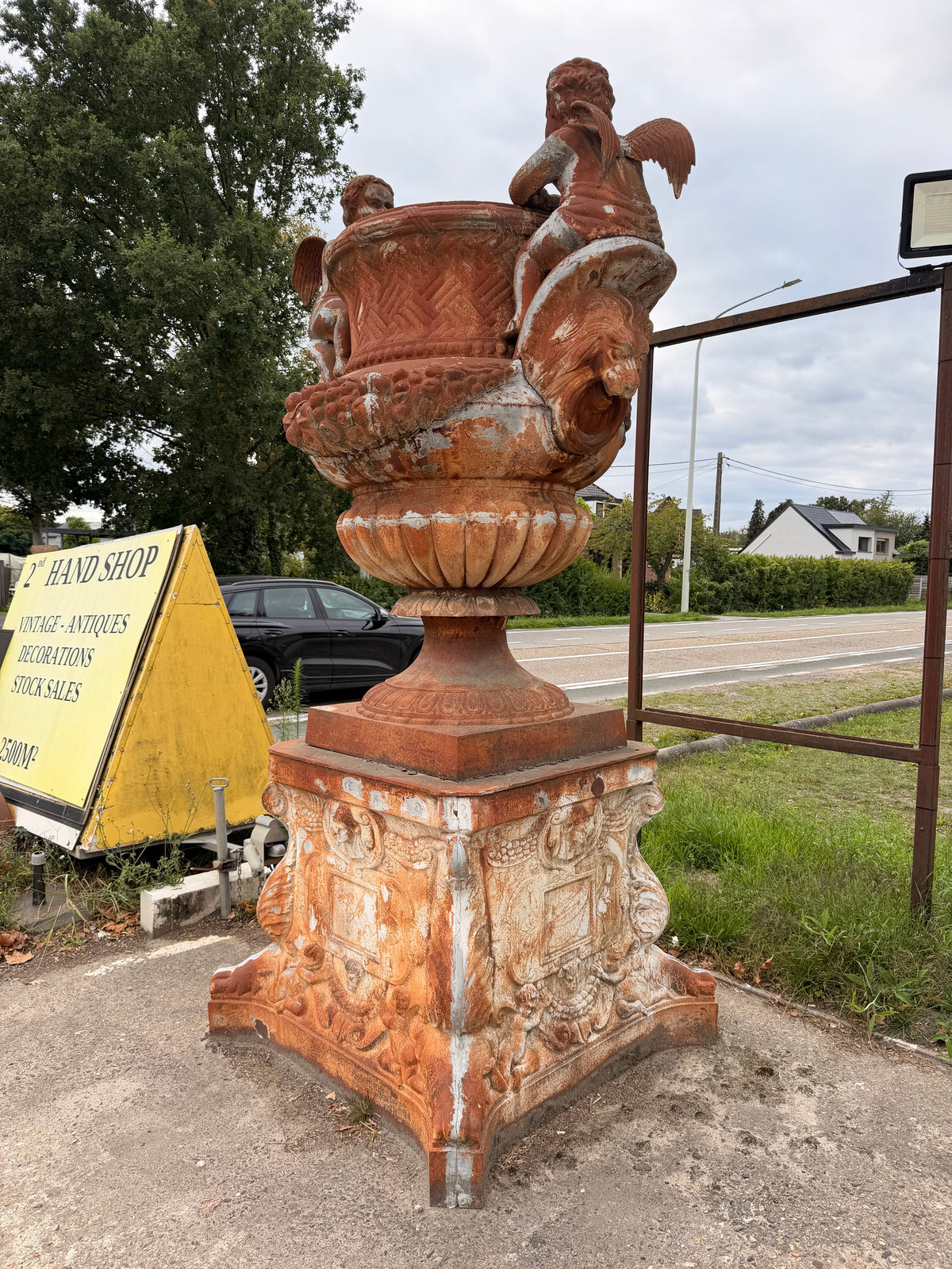 Monumental Cast Iron Garden Urn with Cherubs & Lions. Sold Separately!