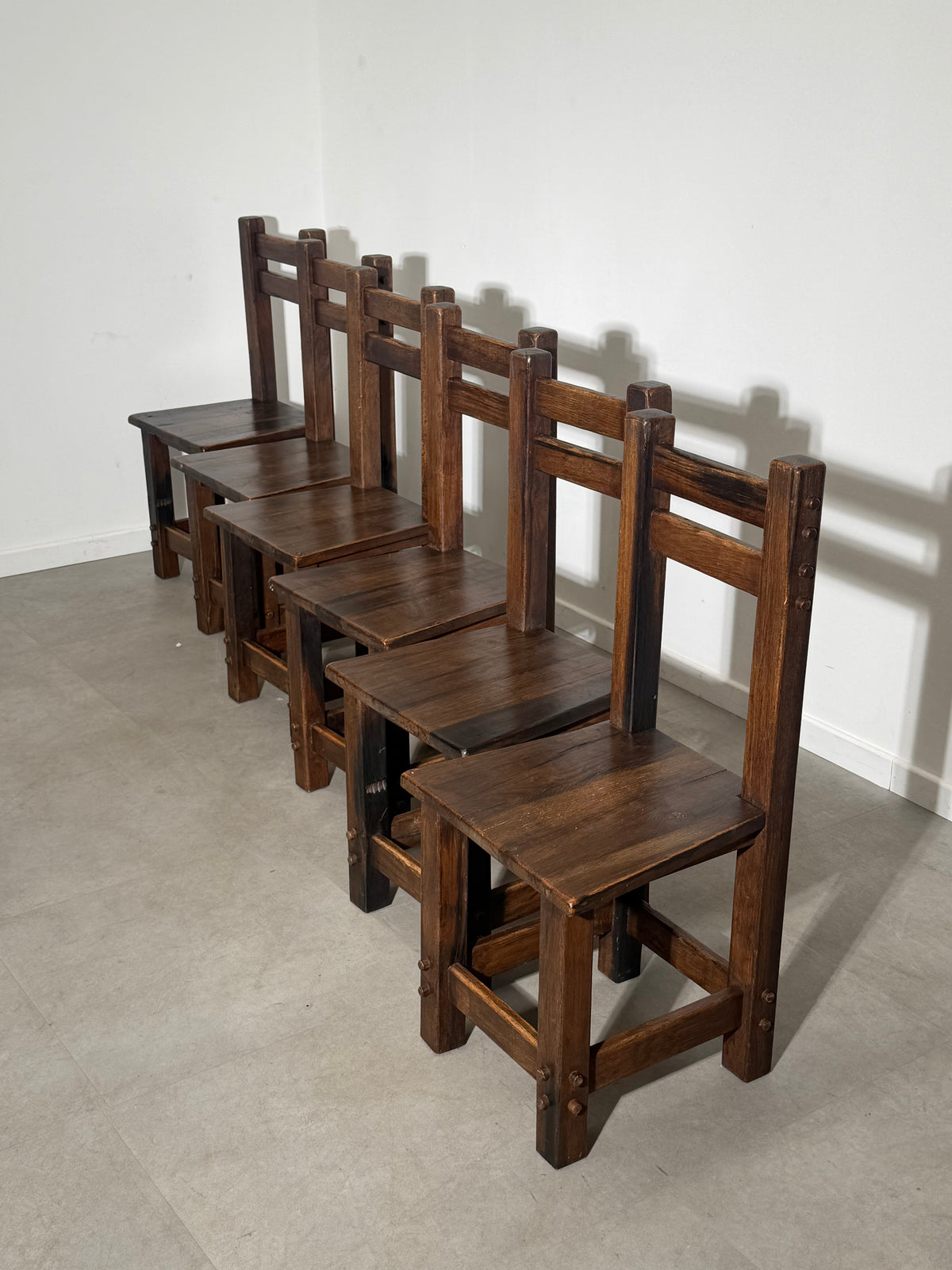 Set of Six Brutalist Solid Wood Dining Chairs