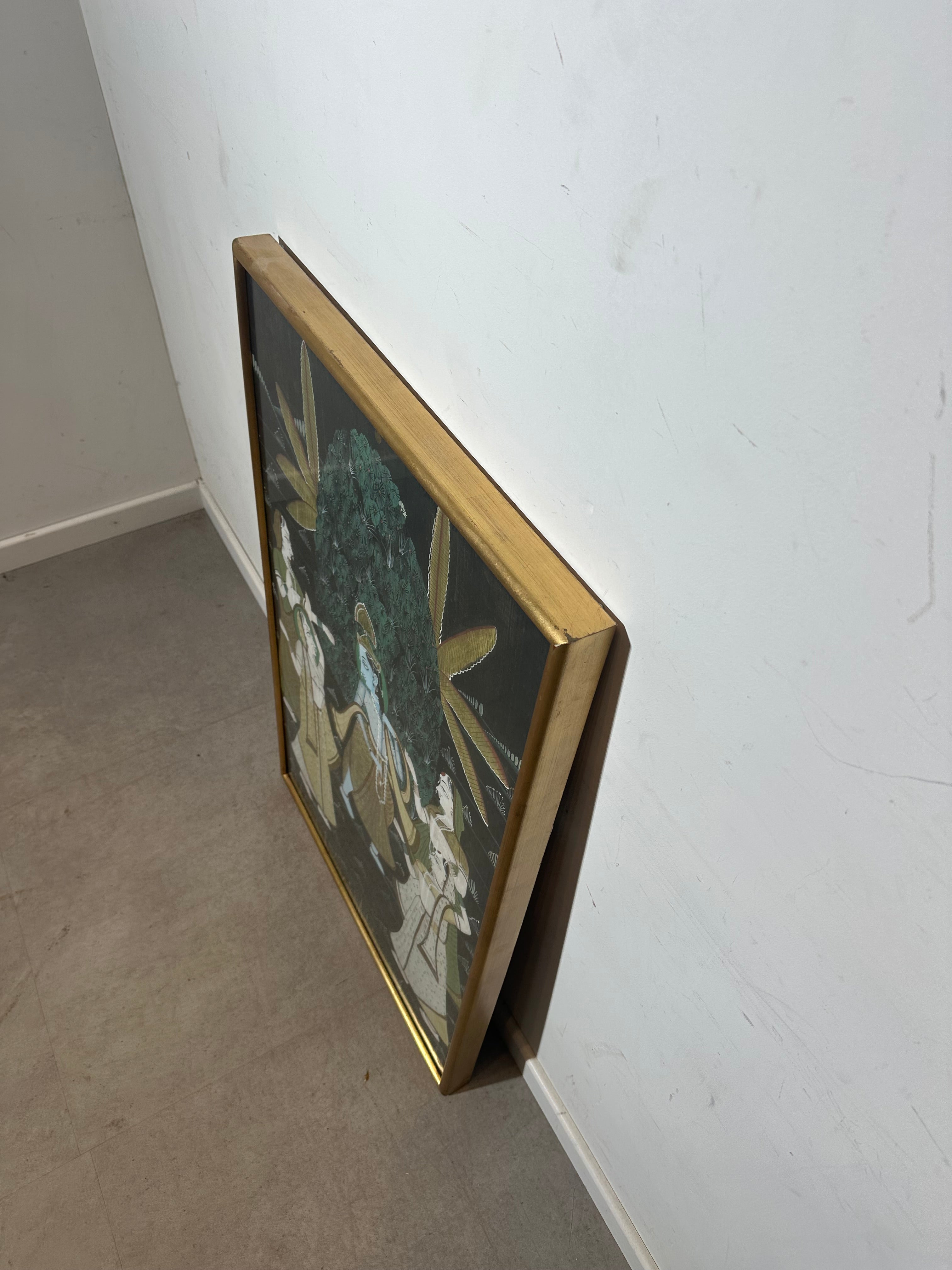 Antique Indian Krishna Silk Painting in Gilt Frame