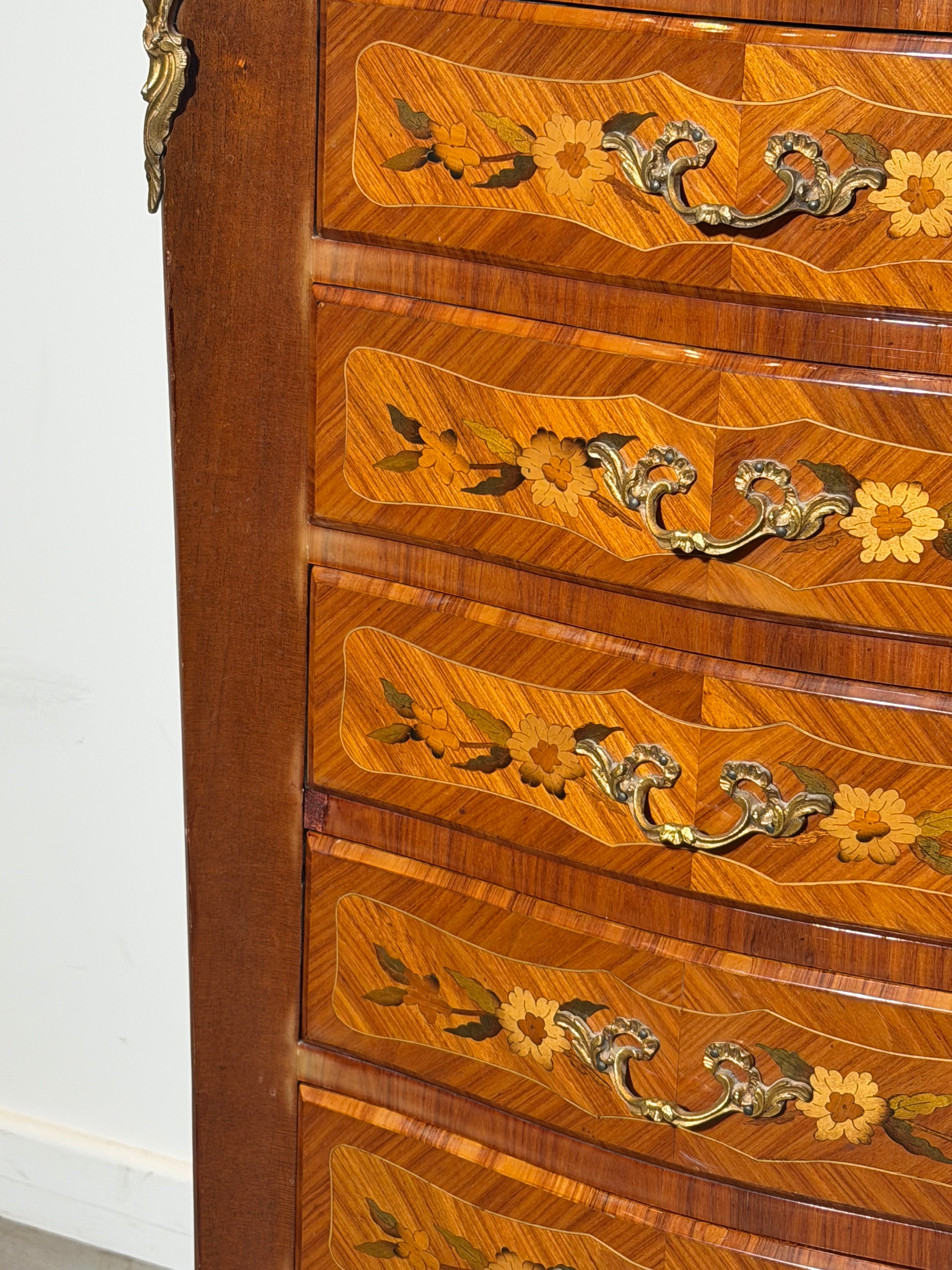 French Louis XV Marquetry Tall Chest of Drawers with Marble Top