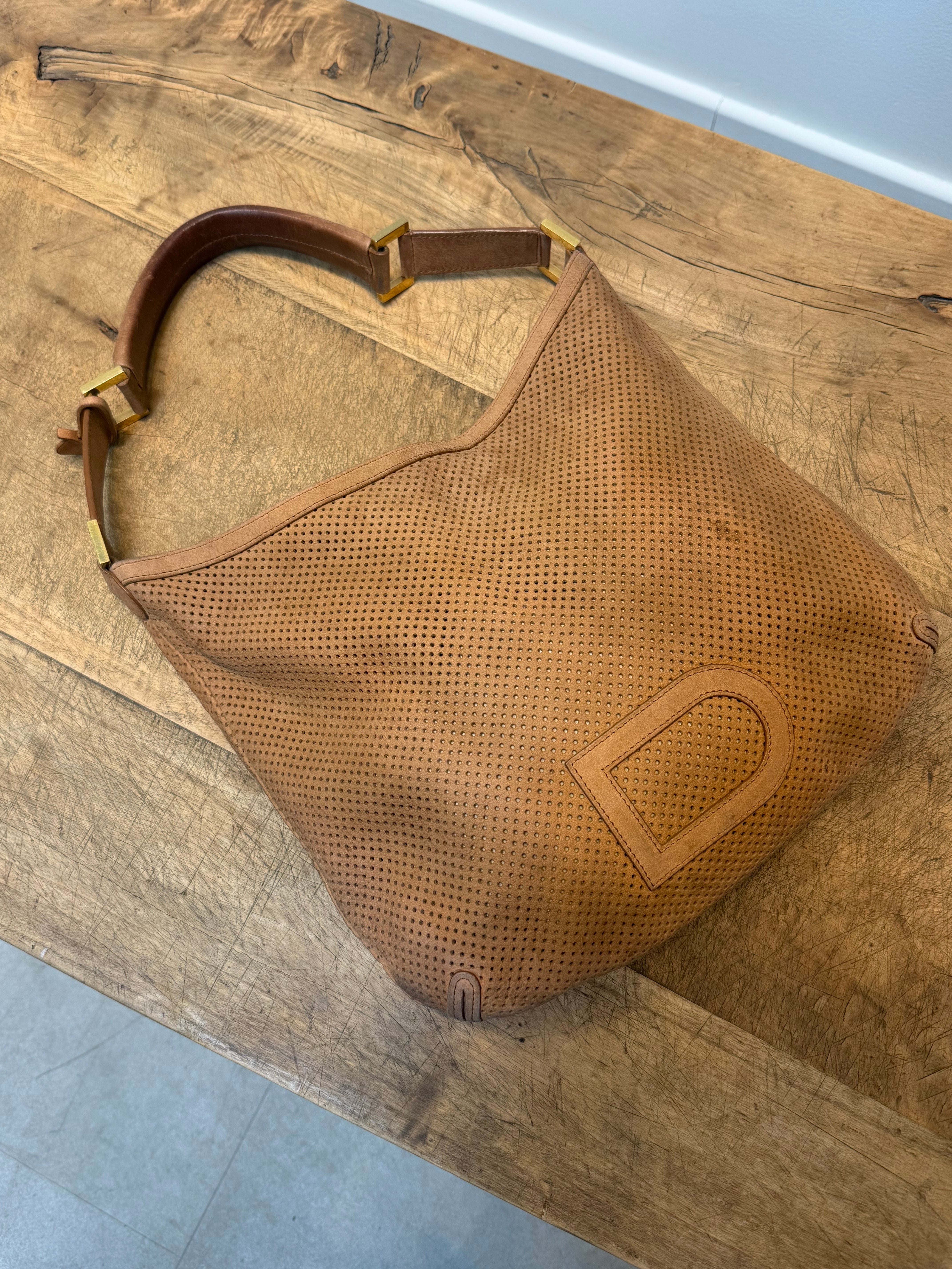 Vintage Delvaux “Louise” Perforated Leather Handbag – Cognac Brown – 30 x 30 cm