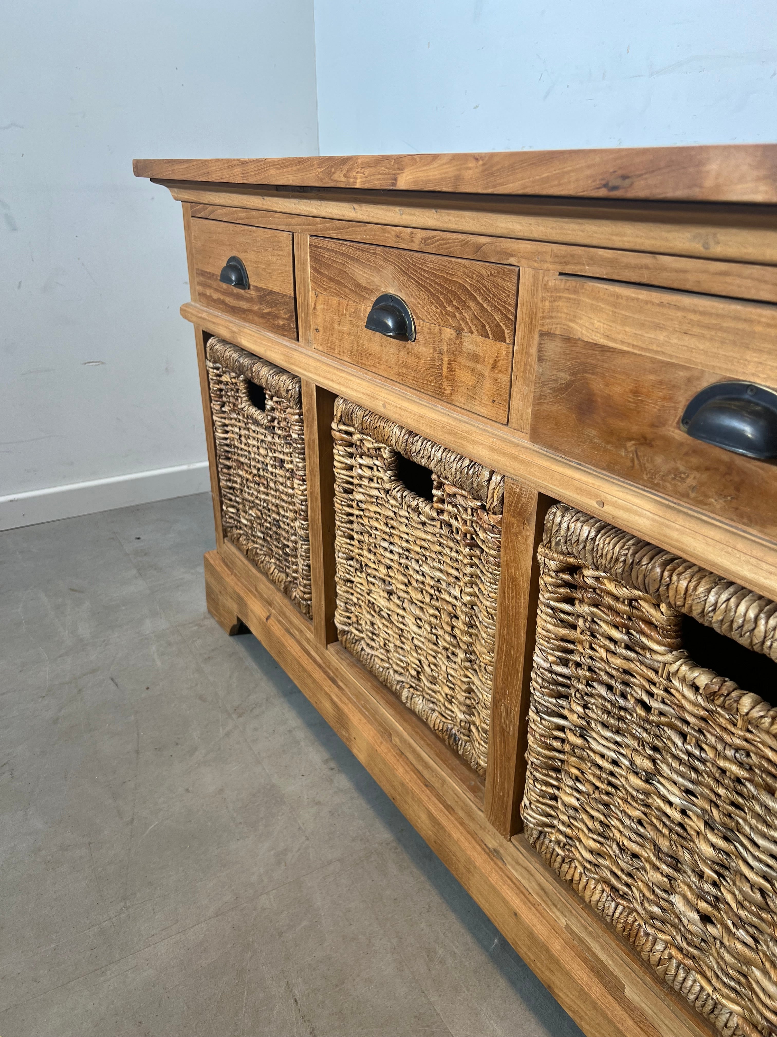 Solid Teak Sideboard with Drawers and Woven Baskets