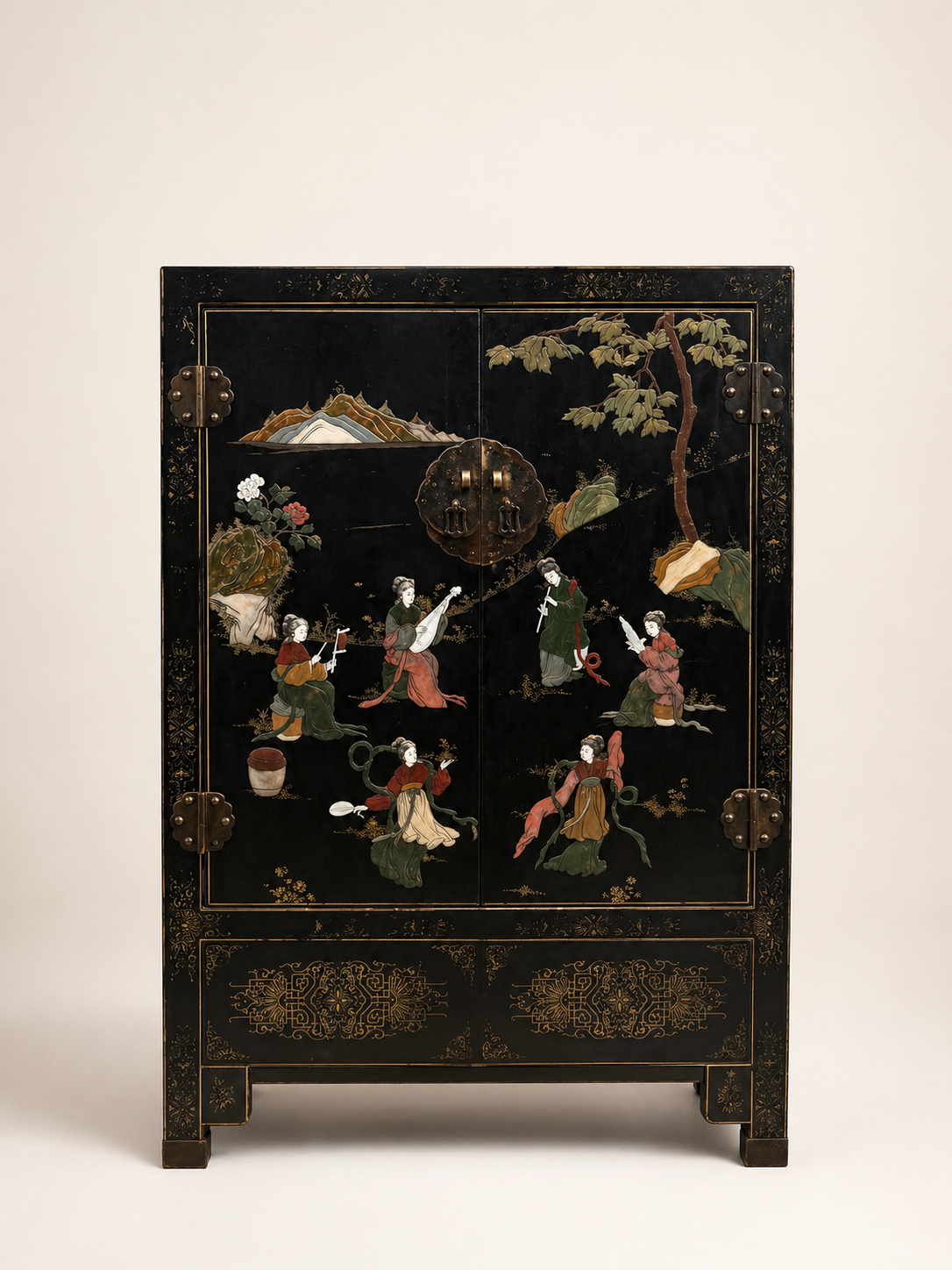 Chinese Black Lacquer Cabinet with Hand-Painted Chinoiserie Scenes