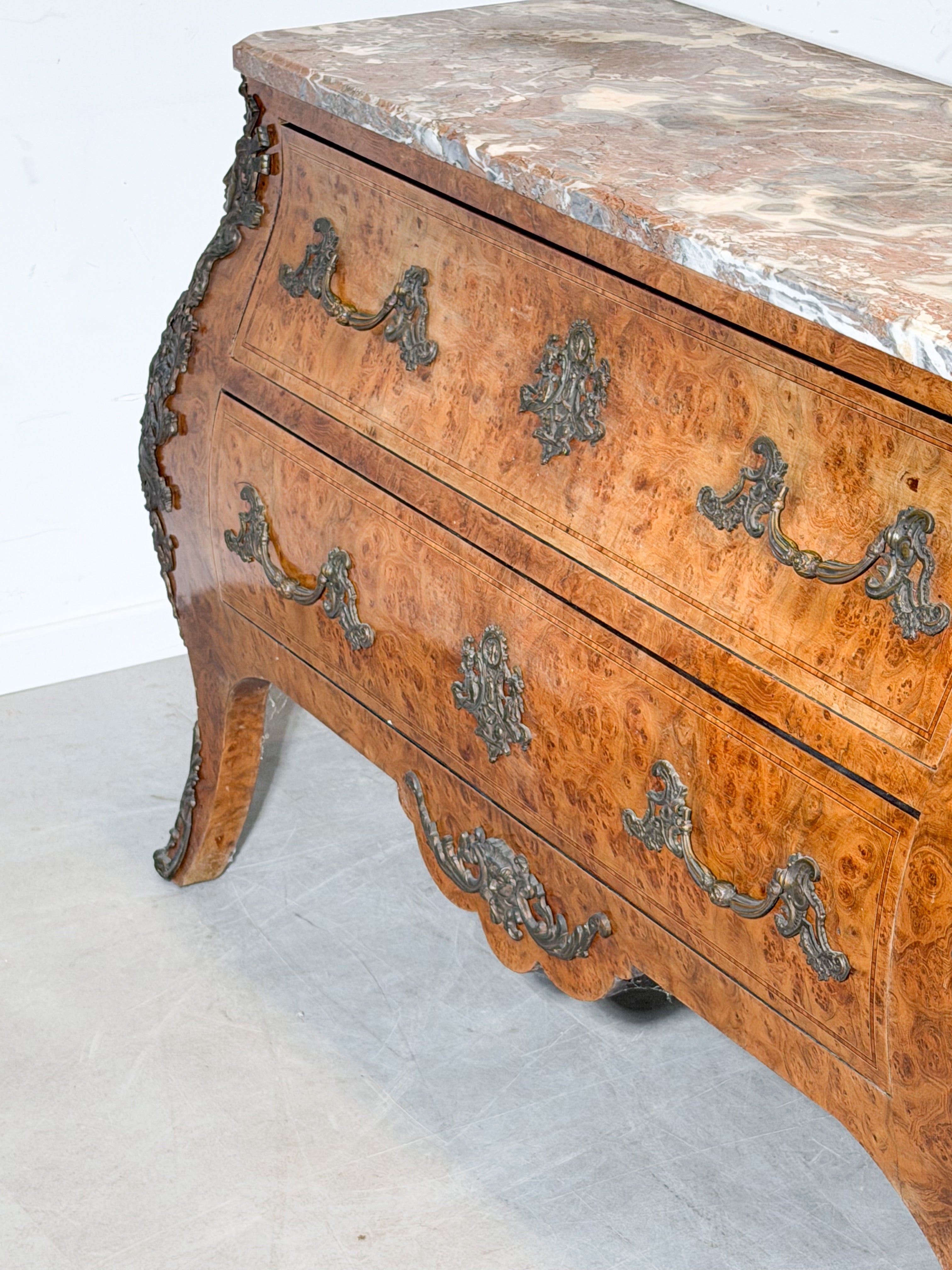 Antique 19th Century Burlwood Chest of Drawers with Marble Top – French