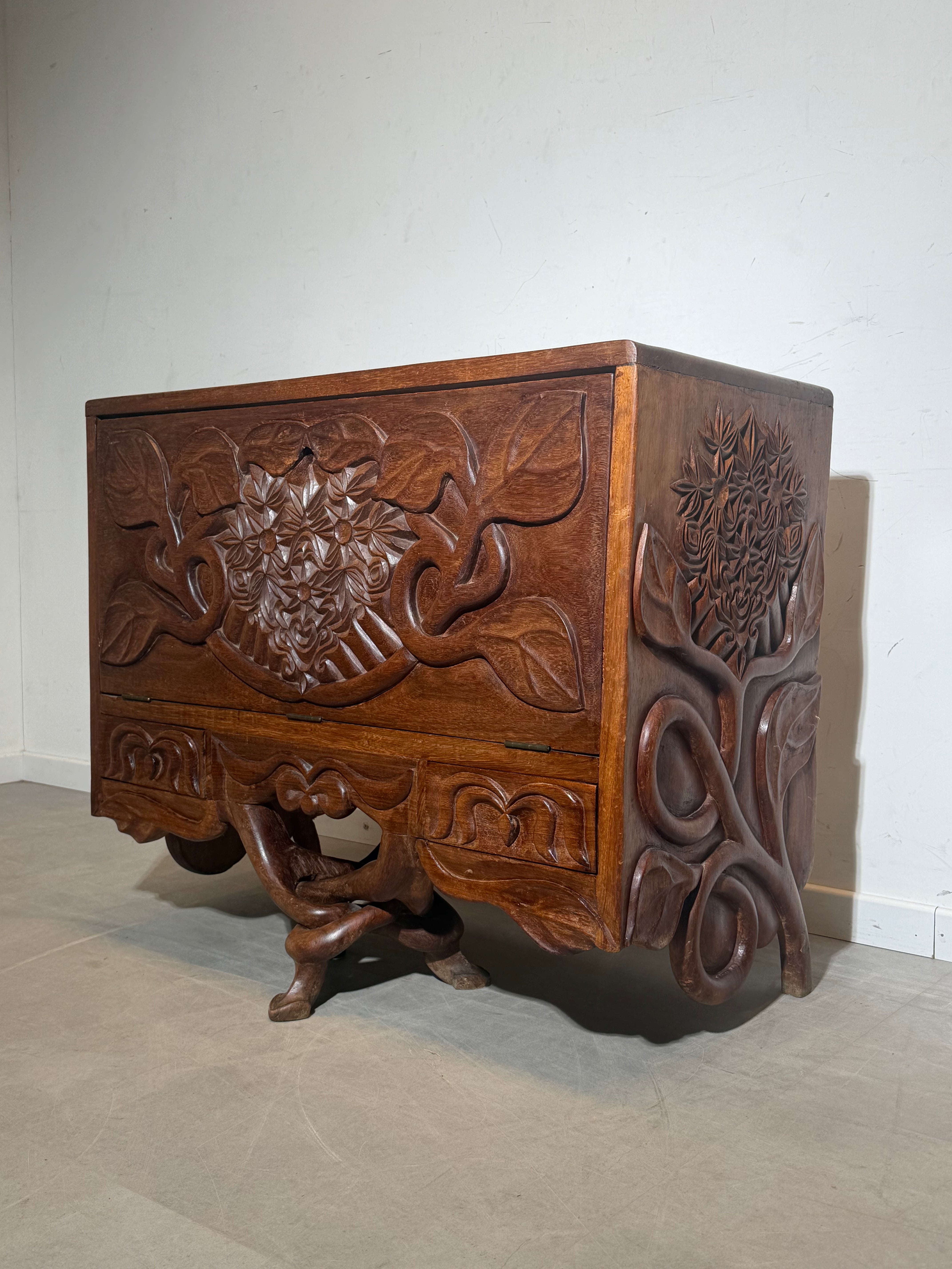 Congolese Hand-Carved Bar Cabinet, 1950s – Sculptural Tribal Storage Chest