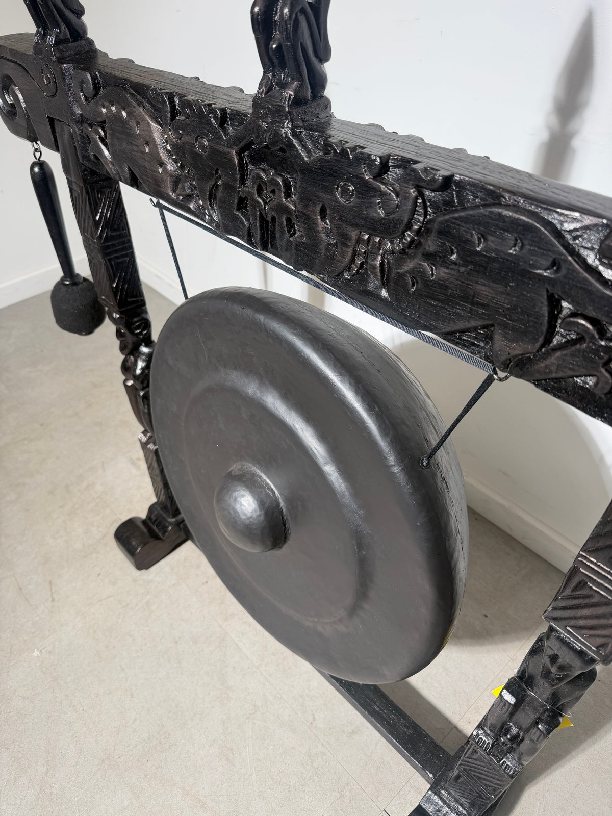 Large Gong with Carved Wooden Stand & Mallet