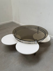 Vintage Coffee Table with Fumé Glass Top & Adjustable Side Tables – Ø90 x H43 cm