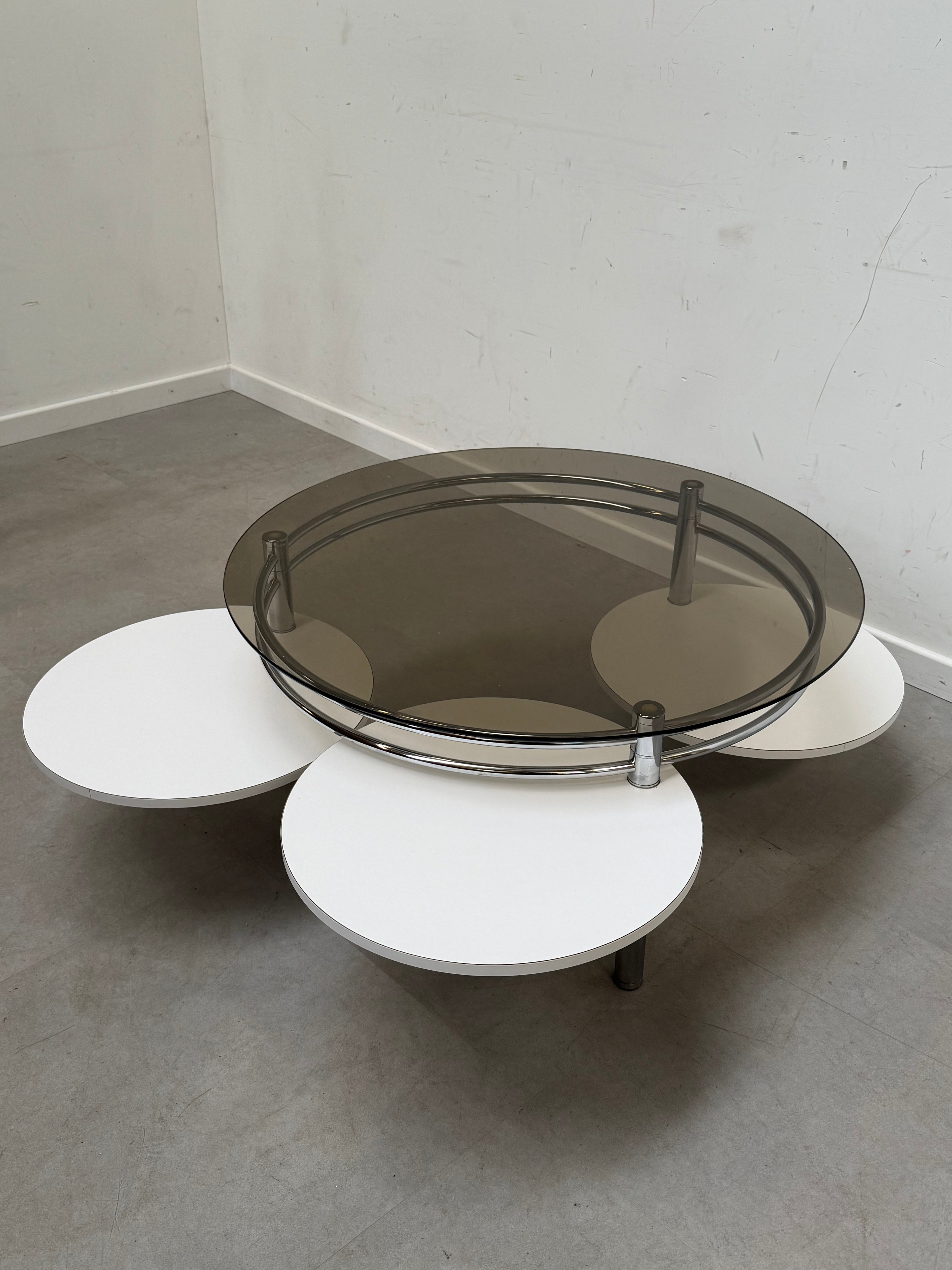 Vintage Coffee Table with Fumé Glass Top & Adjustable Side Tables – Ø90 x H43 cm