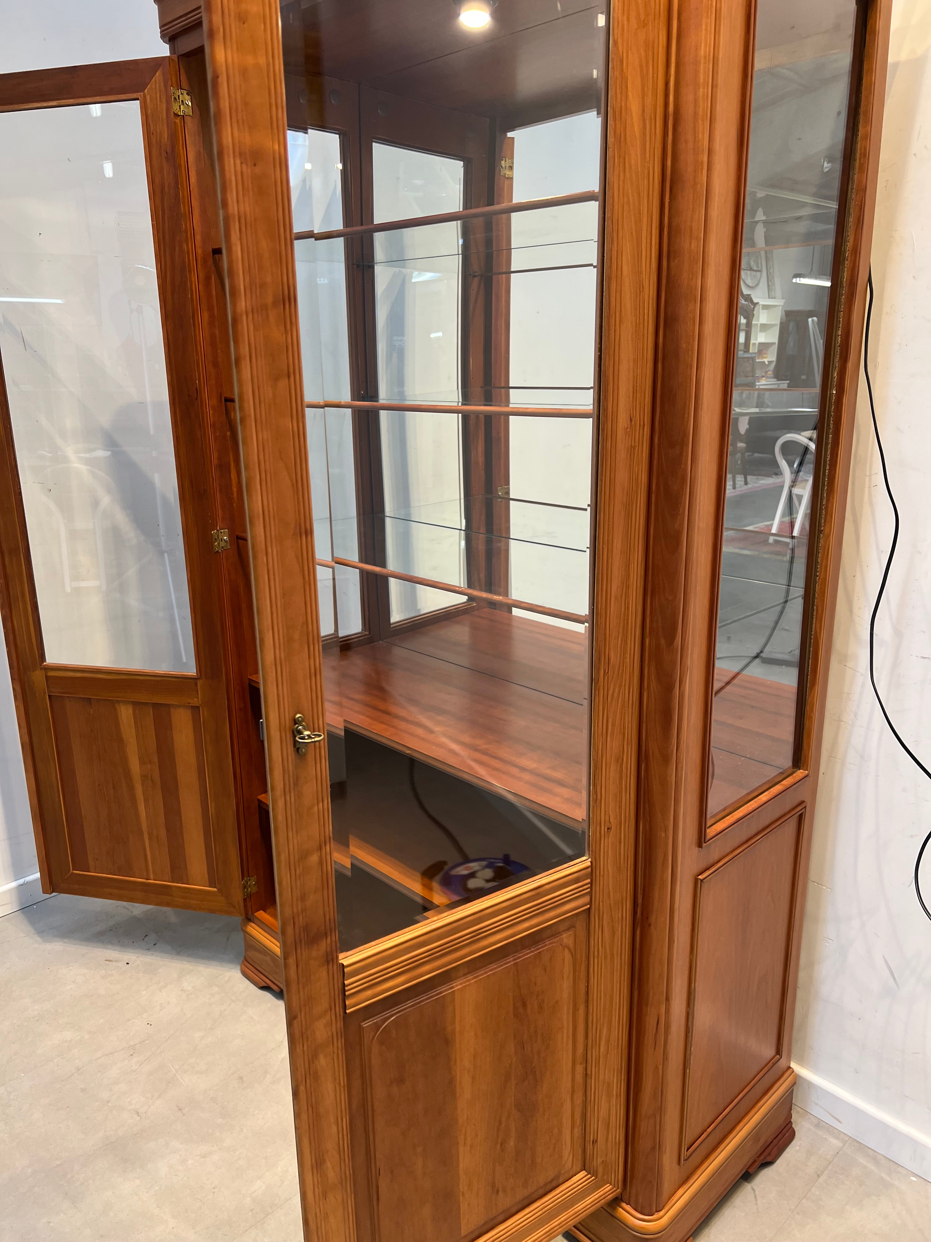 Cherry Wood Display Cabinet with Glass Doors and Lighting