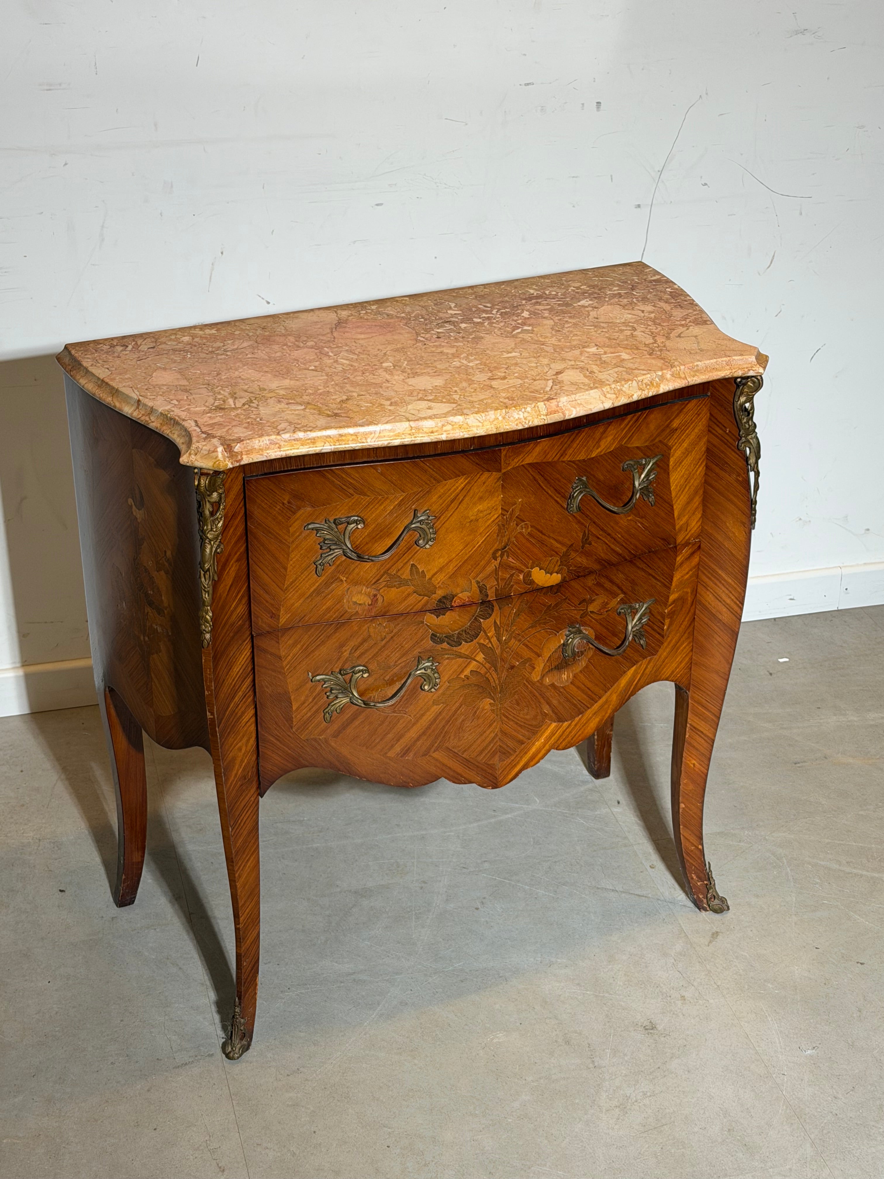 Antique French Marble Top Chest of Drawers – Floral Marquetry