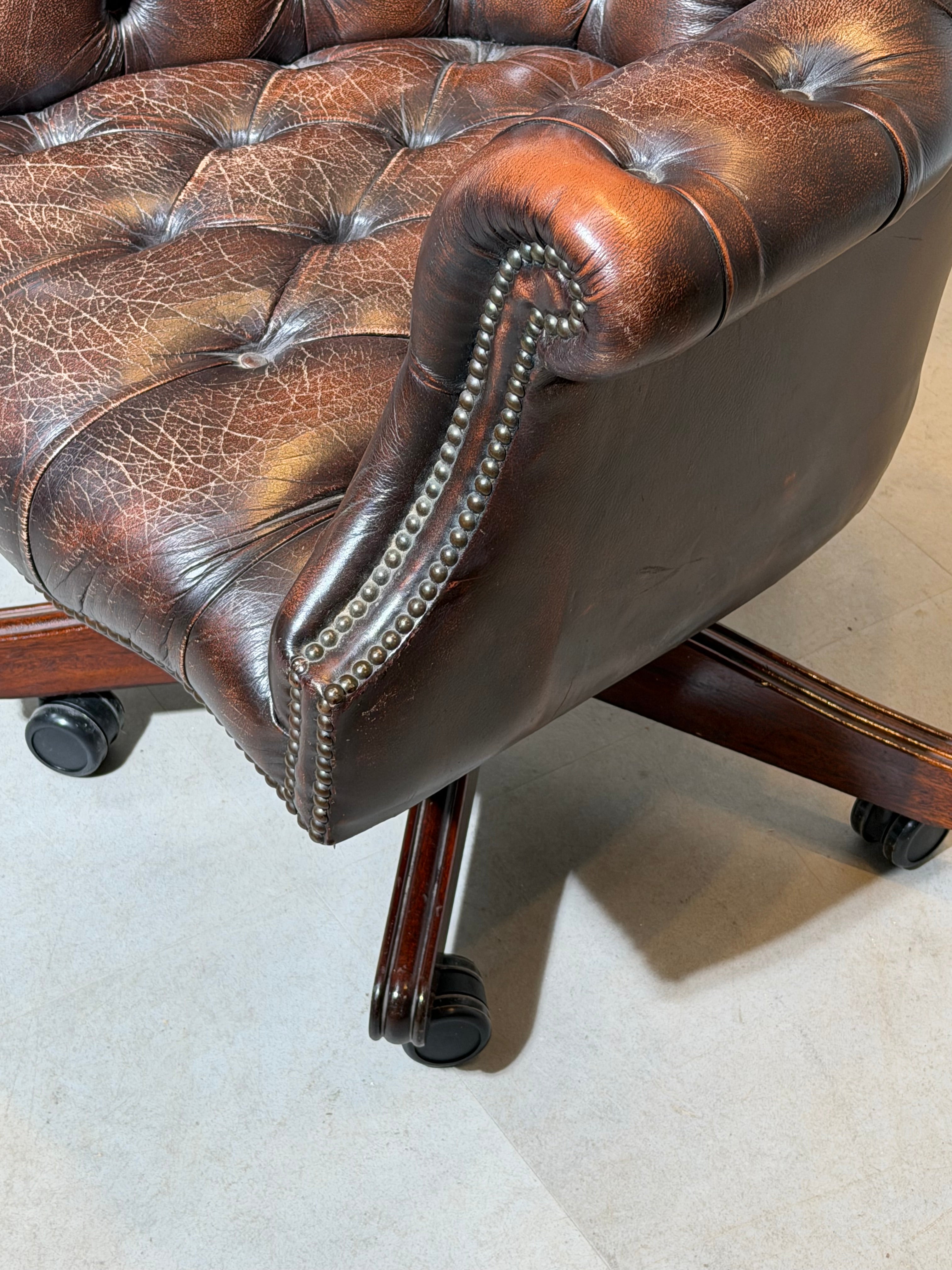 Chesterfield Directors Desk Chair in Brown Leather – Adjustable Height