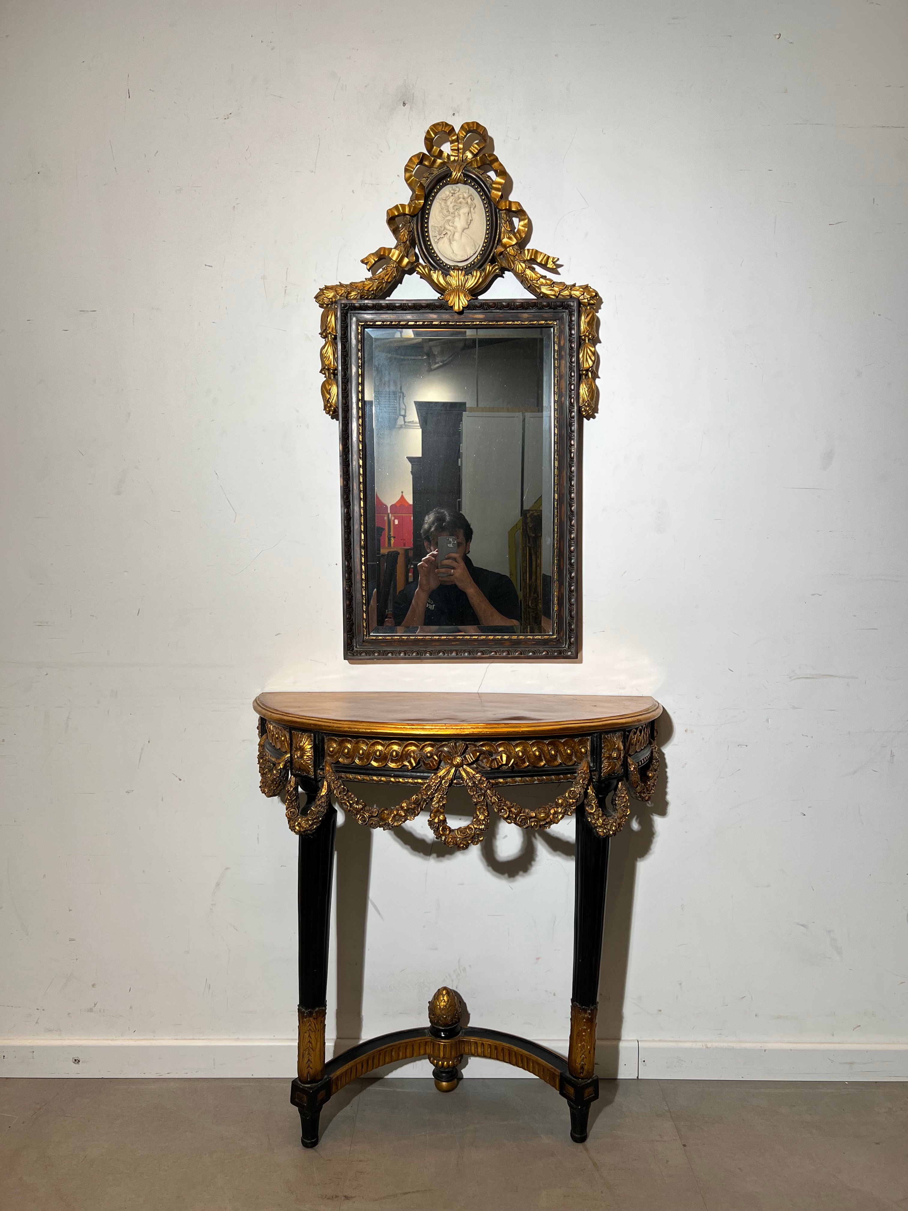 Louis XVI Style Giltwood Console Table with Mirror & Cameo Crest
