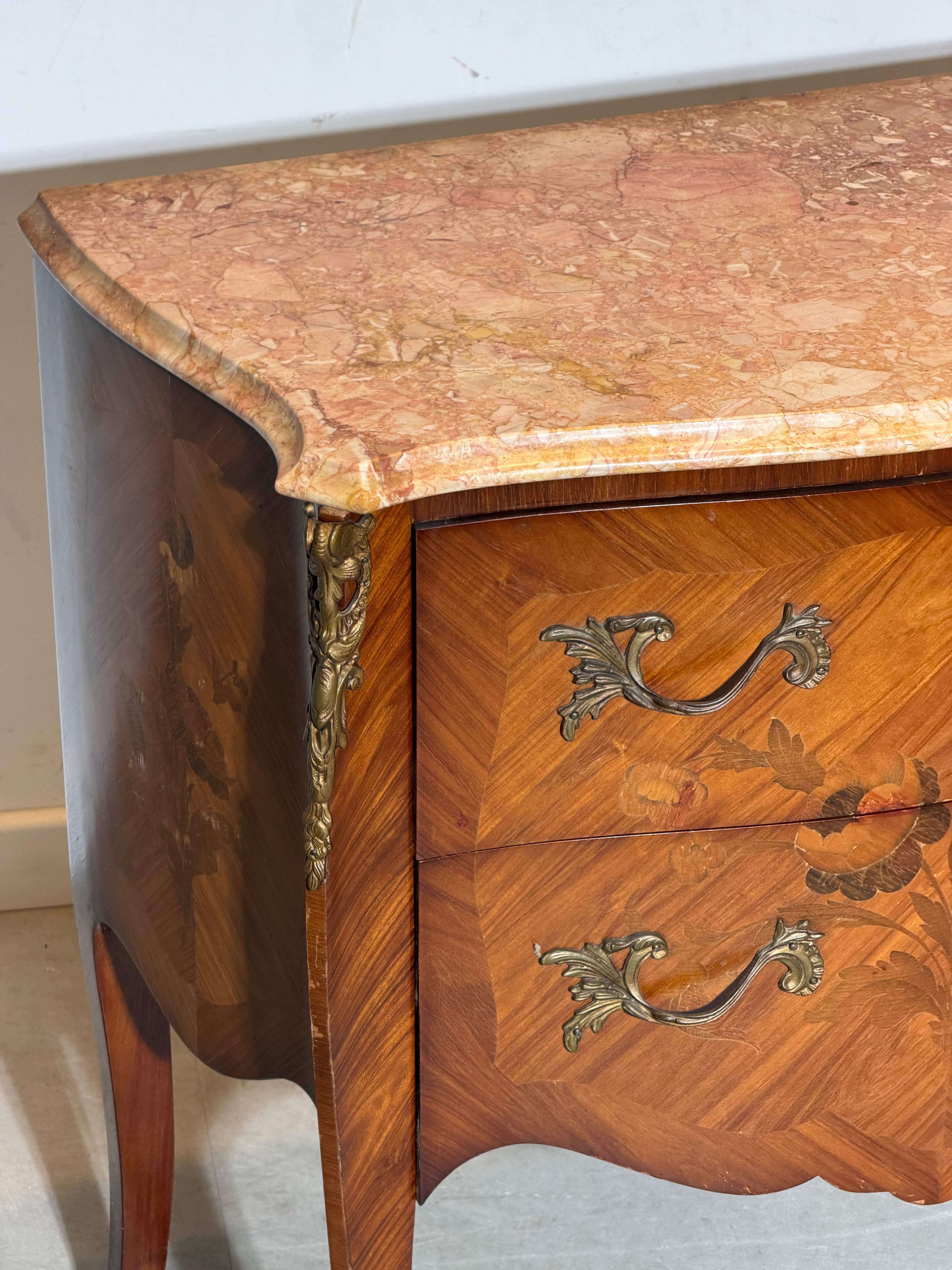 Antique French Marble Top Chest of Drawers – Floral Marquetry