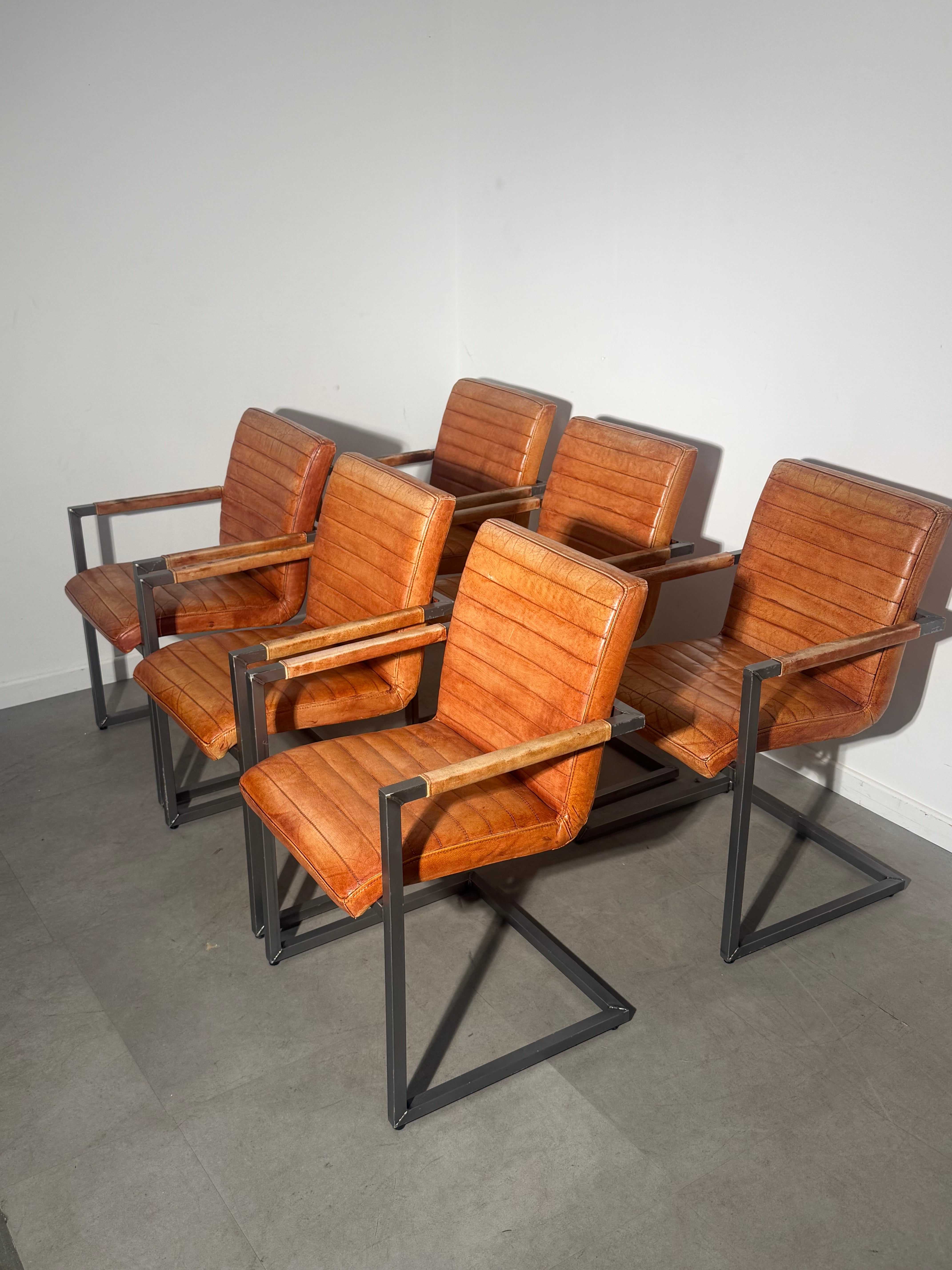 Set of 6 Vintage Cognac Leather Cantilever Armchairs