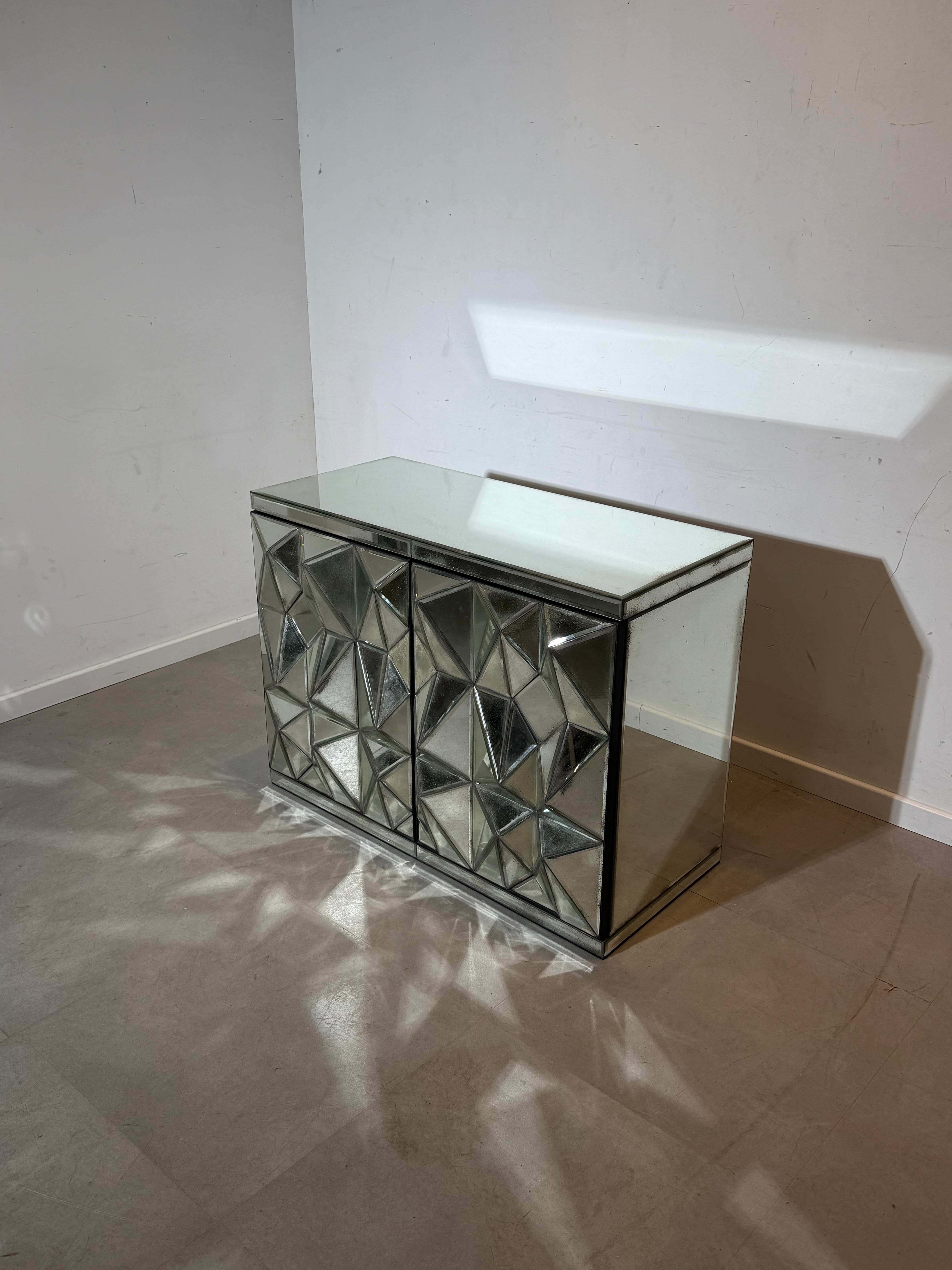 Vintage Faceted Mirrored Cabinet / Sideboard – Geometric Glass Doors – 105 cm