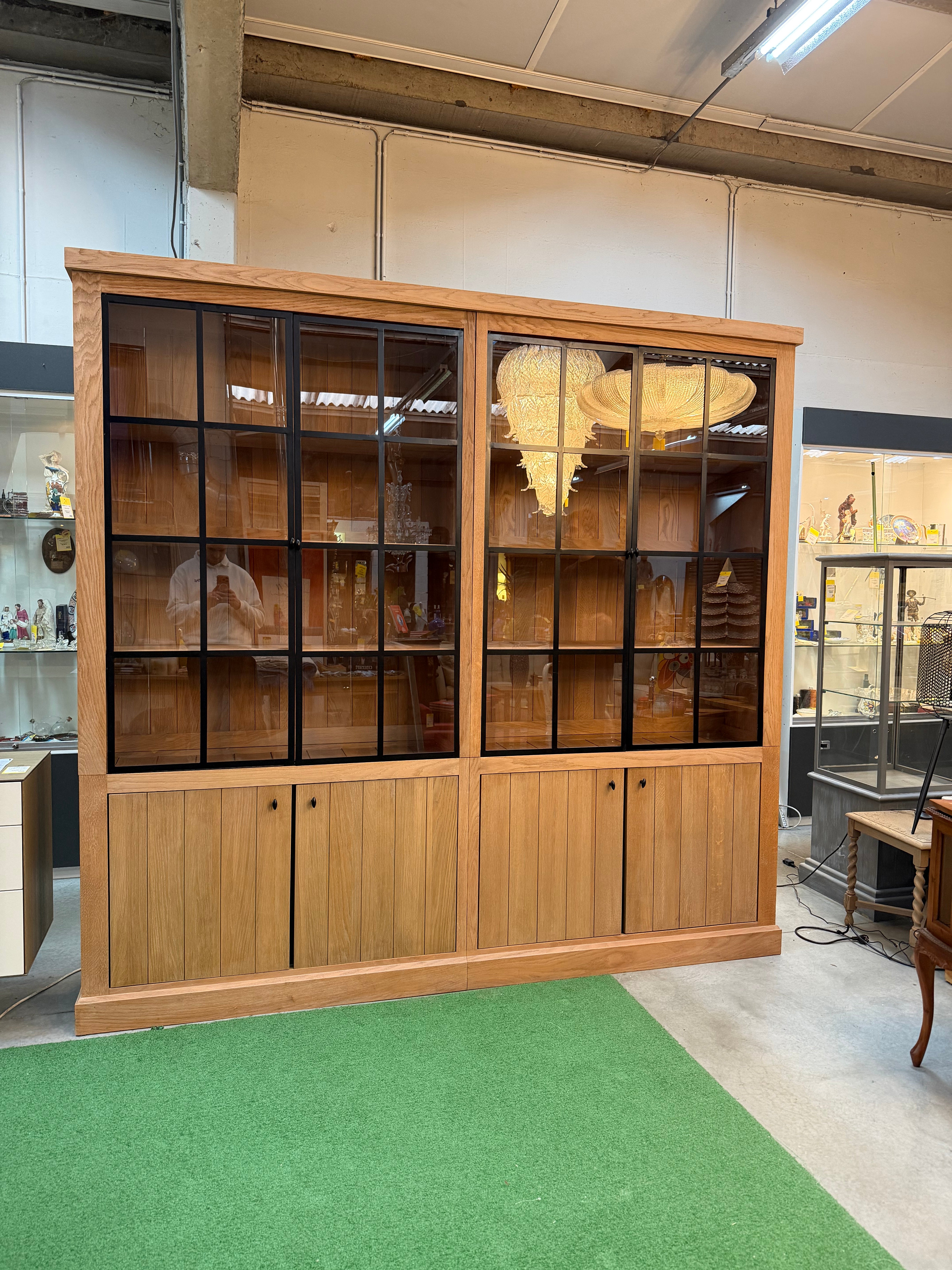 Large Oak Display Cabinet with Black Metal Grid Doors