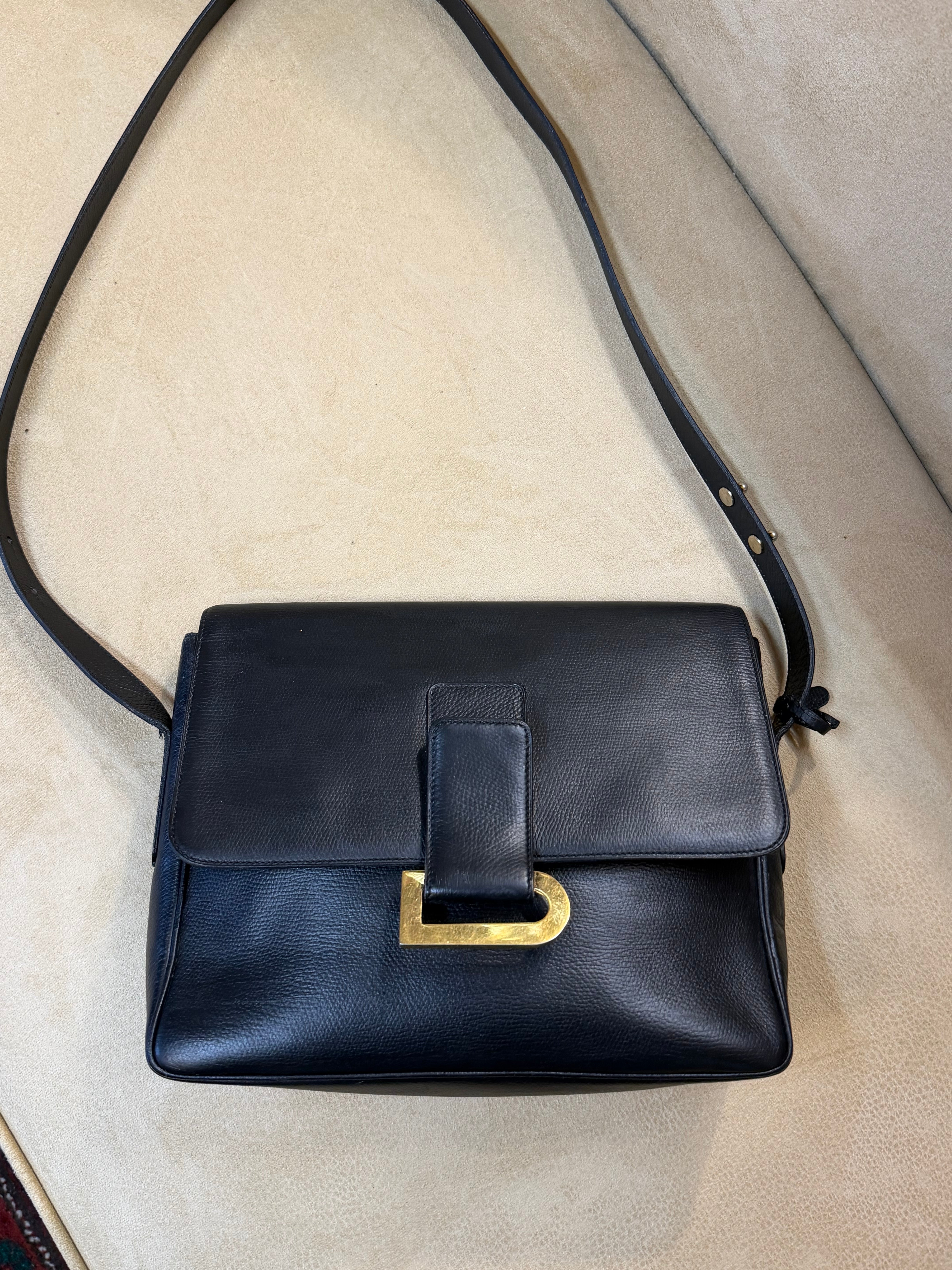 Delvaux Poirier Crossbody Bag Black Leather 28 x 22 cm Vintage Designer Handbag Dustbag