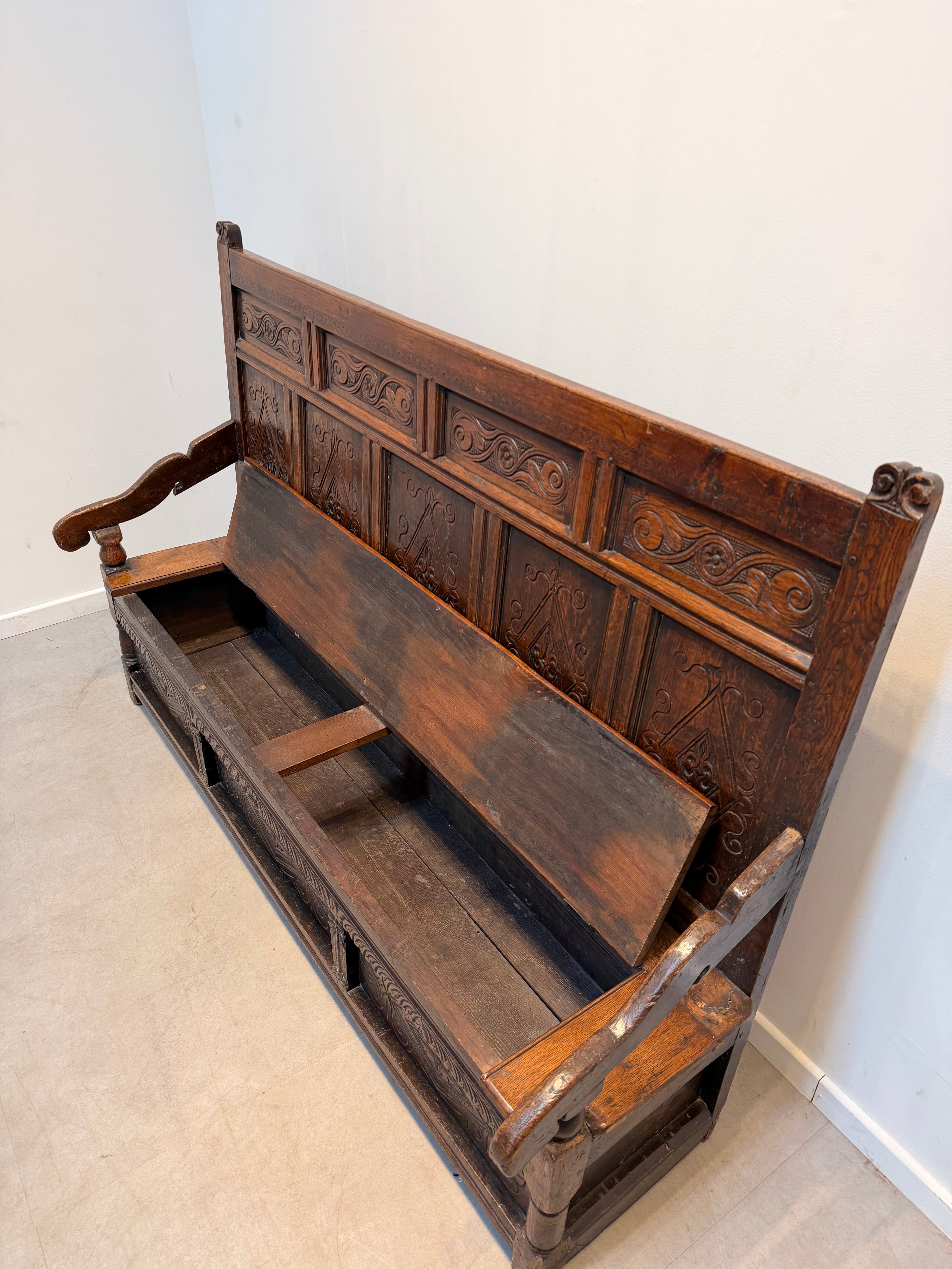 Antique Carved Oak Monks Bench with Storage Chest