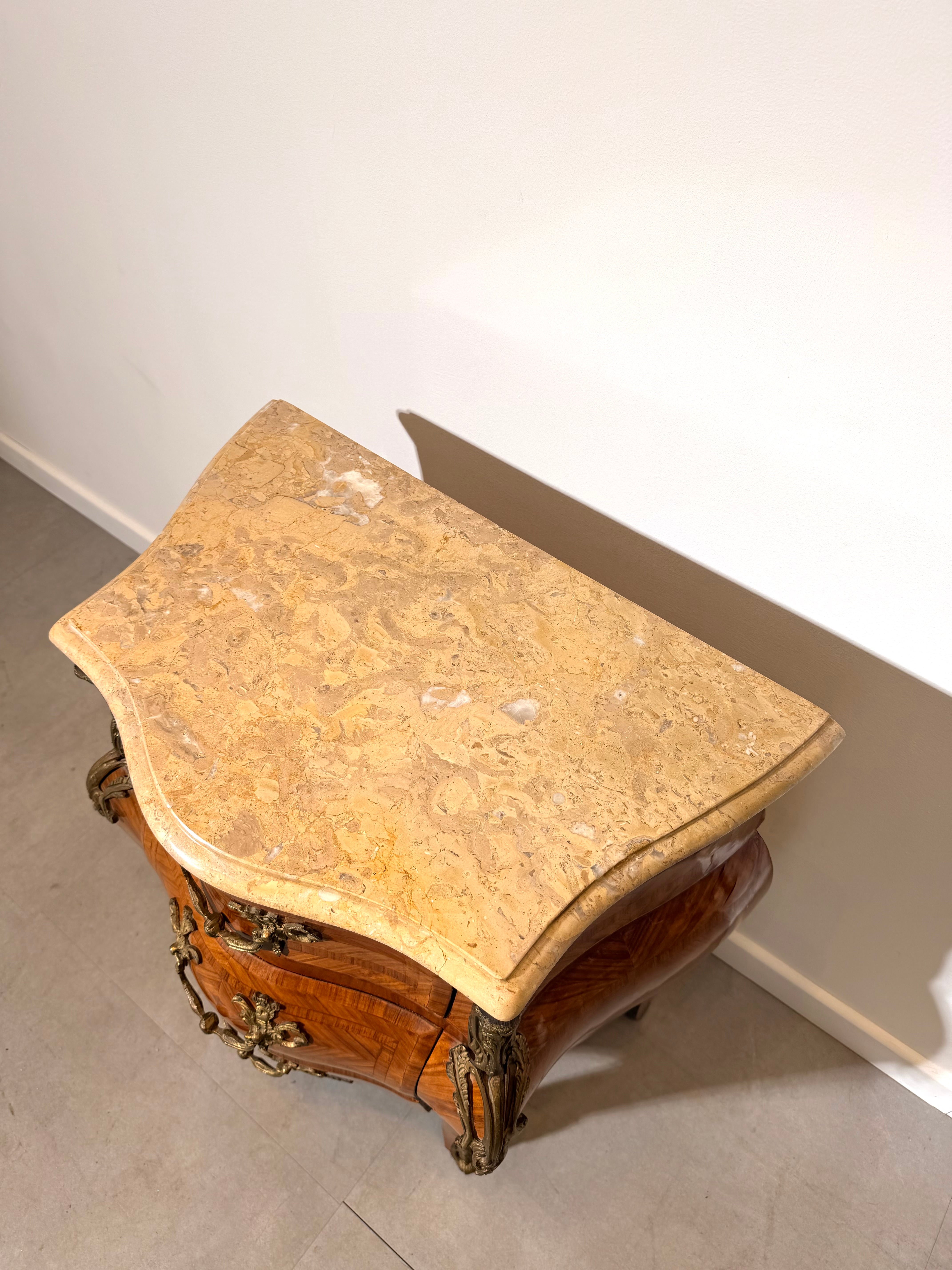 Antique French Marquetry Bombe Commode with Marble Top