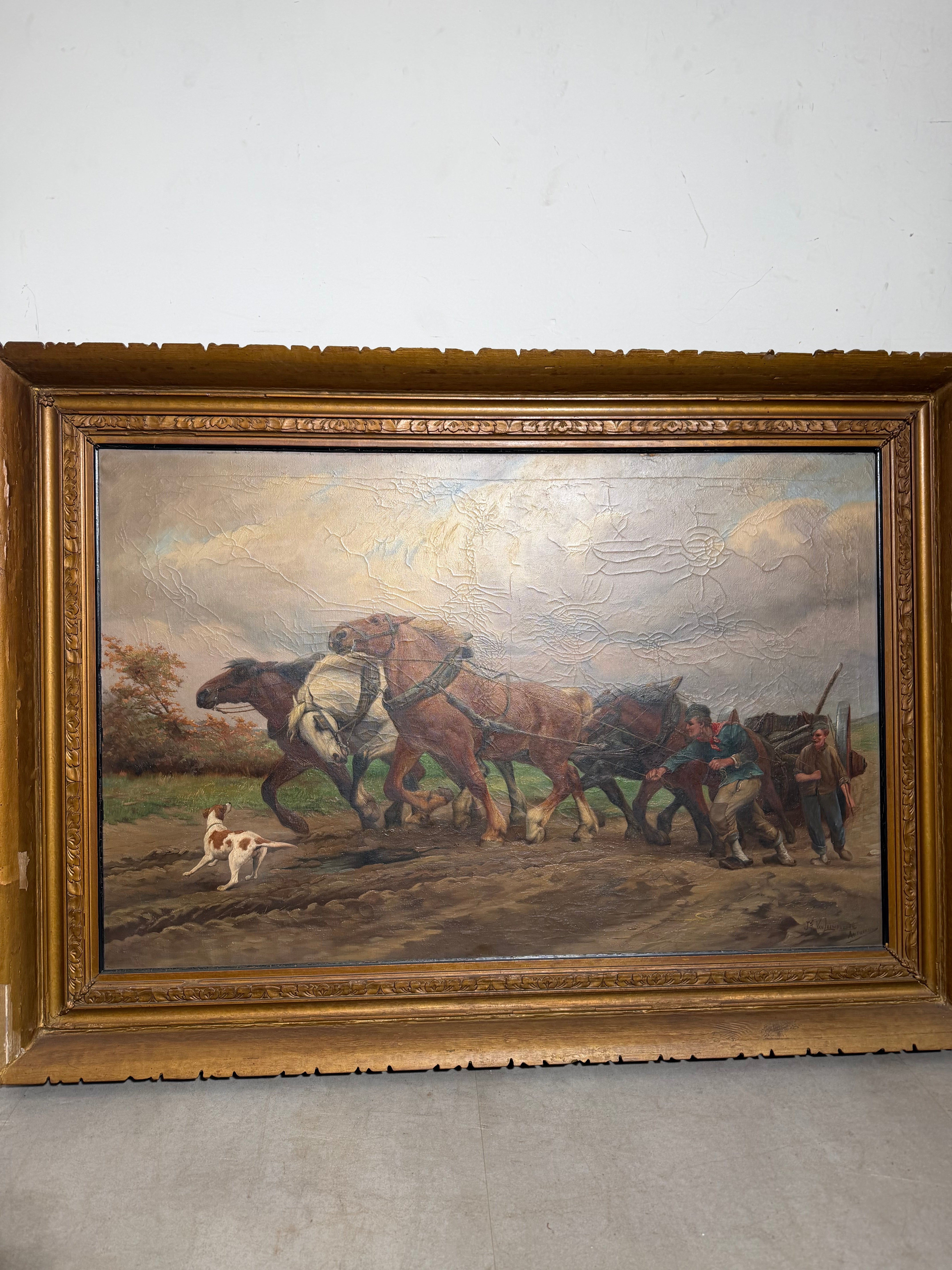 Jef Van Leemputten (Anvers, 1865–1948) – Grande huile sur toile « Chevaux de ferme au travail »