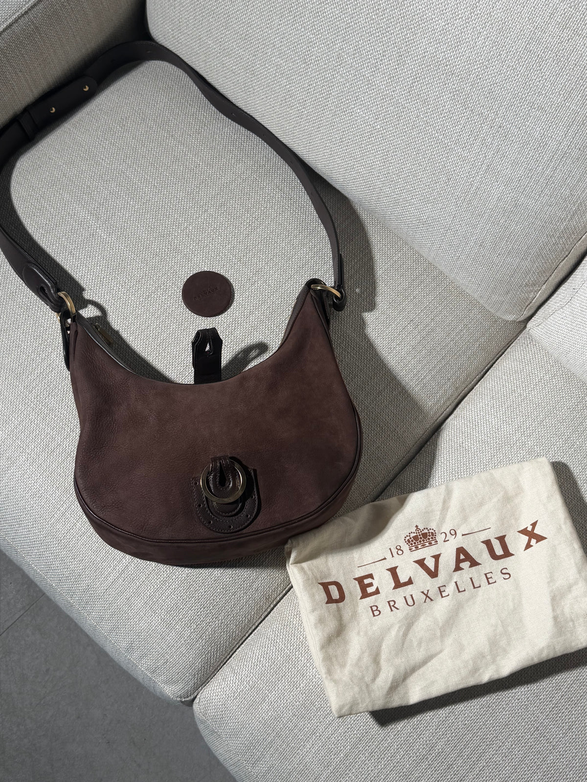 Delvaux Camille PM Shoulder Bag in Brown Suede – With Dust Bag & Mirror