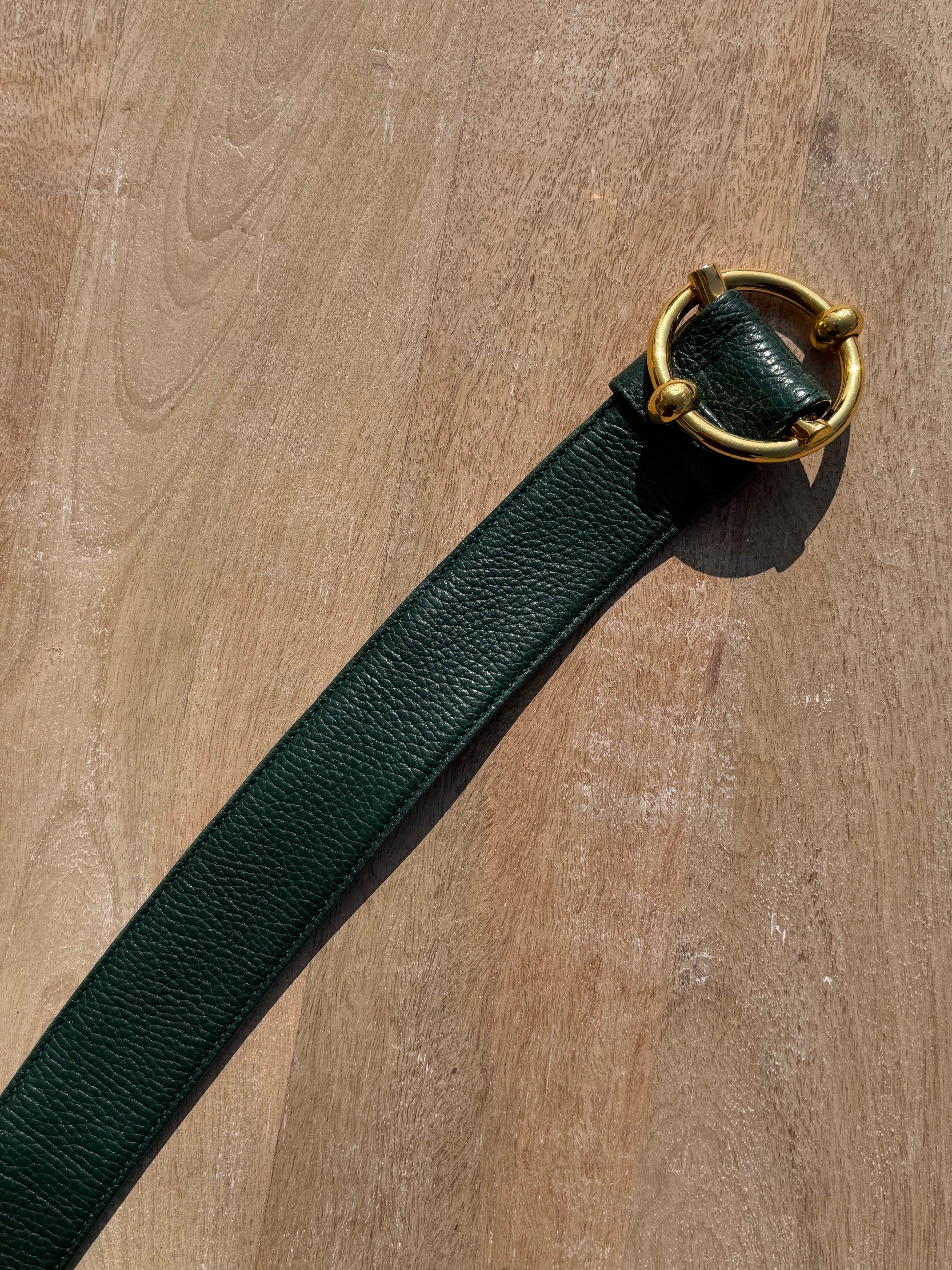 Delvaux Green Leather Buckle Belt – Gold-Tone Hardware – Size 95 cm