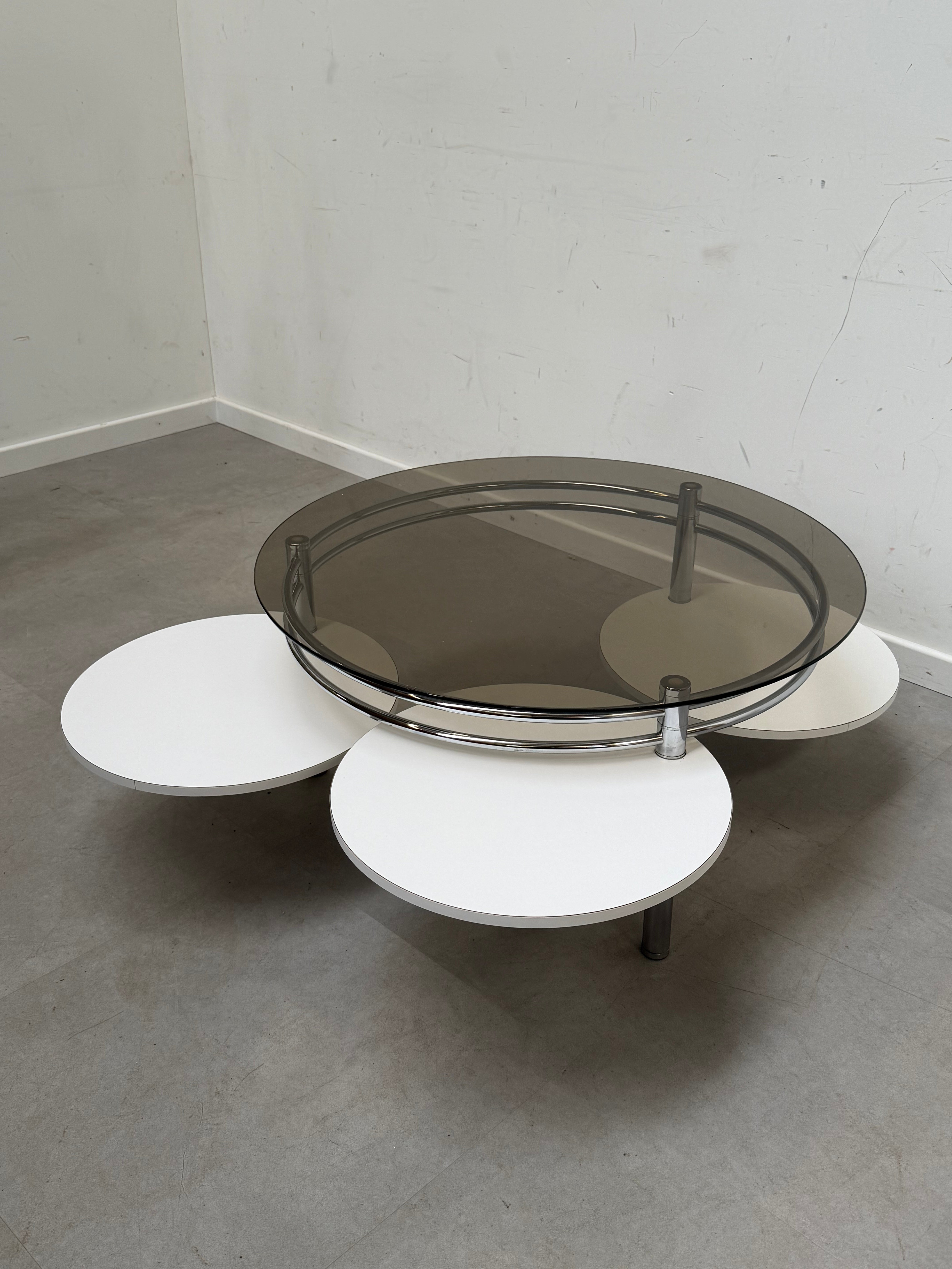 Vintage Coffee Table with Fumé Glass Top & Adjustable Side Tables – Ø90 x H43 cm