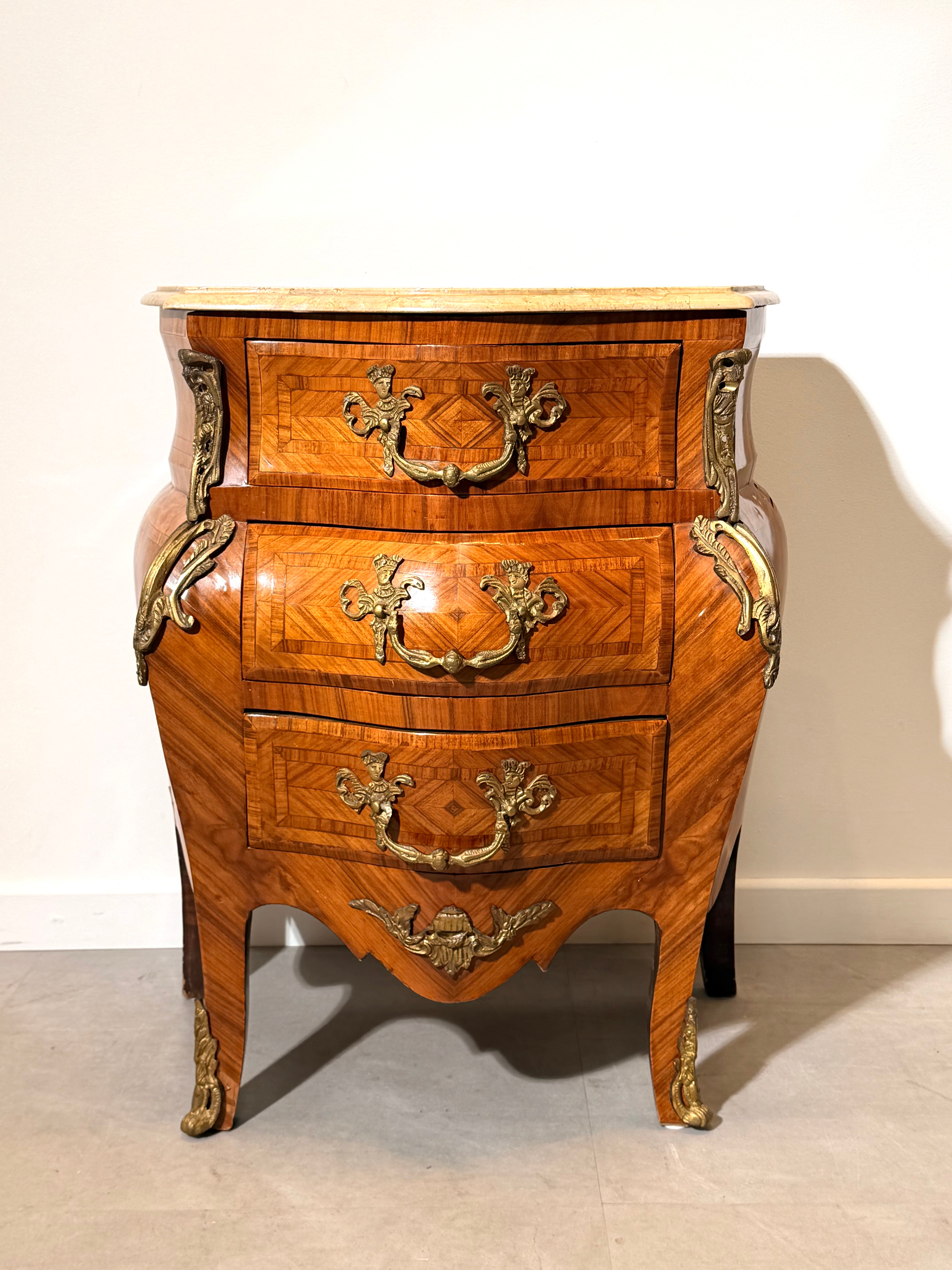 Antique French Marquetry Bombe Commode with Marble Top
