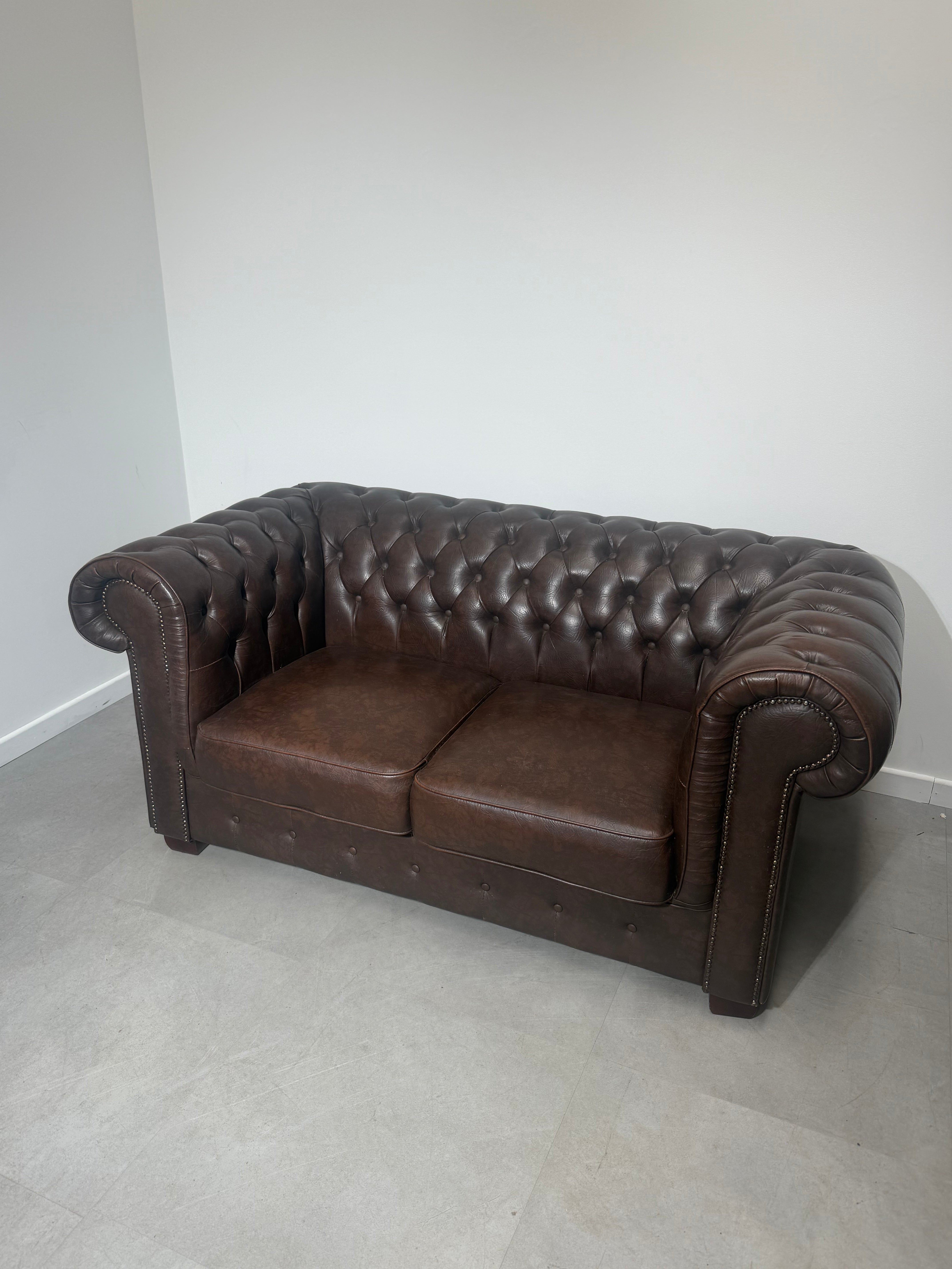 Vintage Chesterfield Two-Seater Sofa – Tobacco Brown Faux Leather