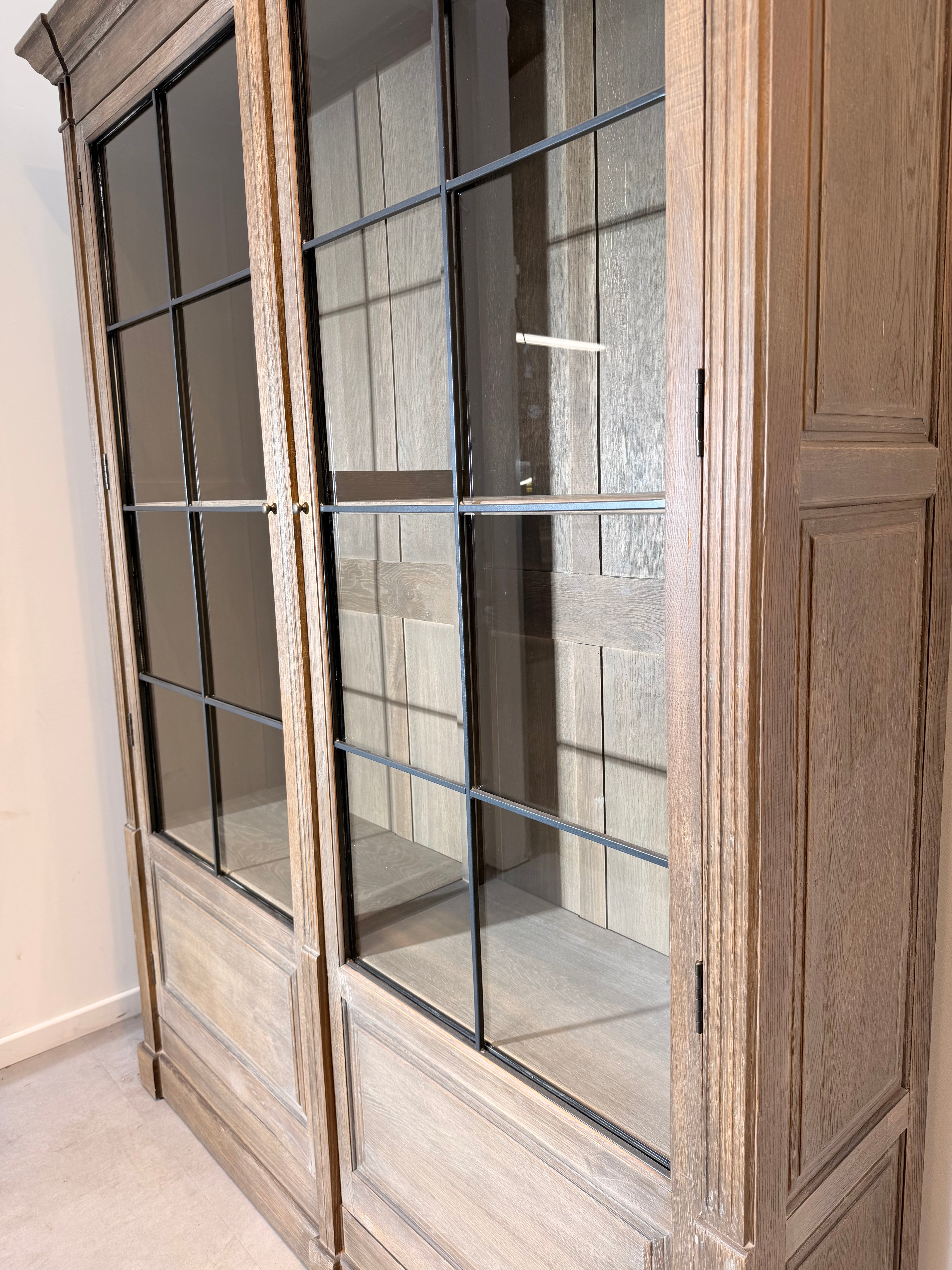 Rustic “Flamant” Oak Display Cabinet with Steel-Framed Glass Doors