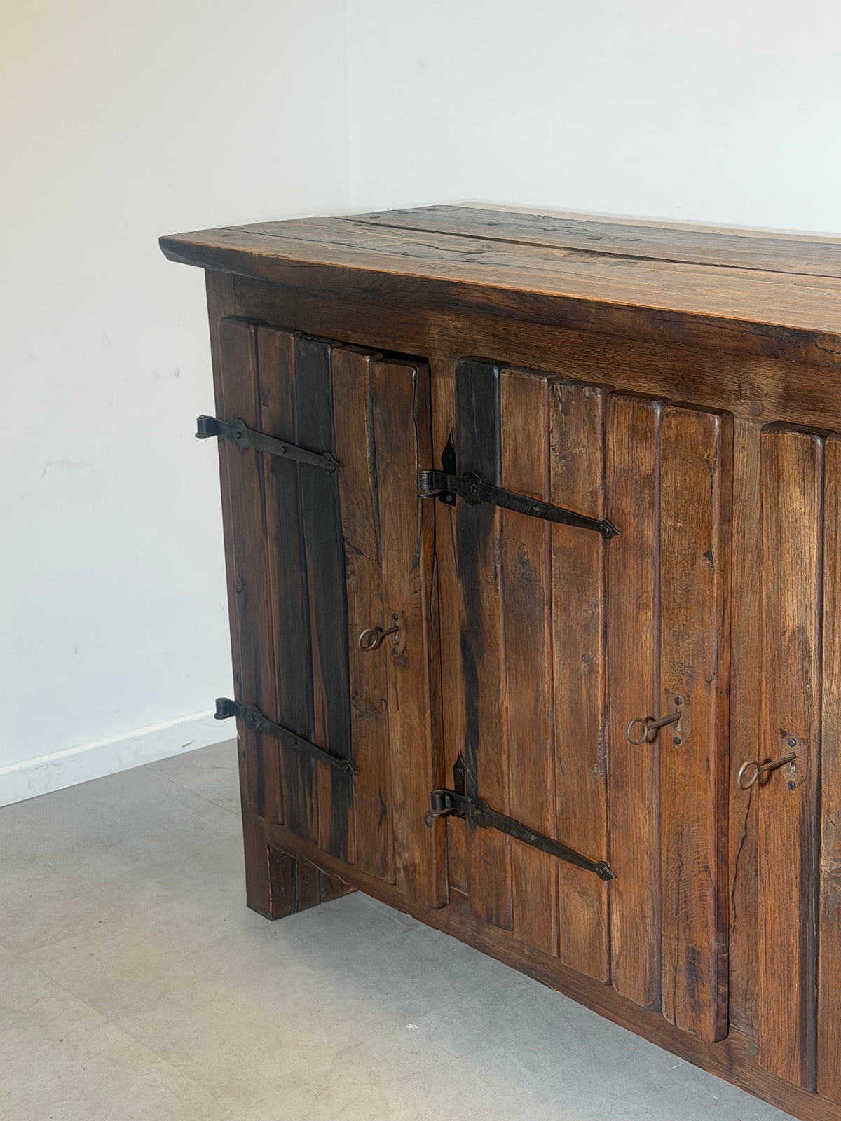 Large Brutalist Solid Wood Sideboard with Hand-Forged Iron Hardware