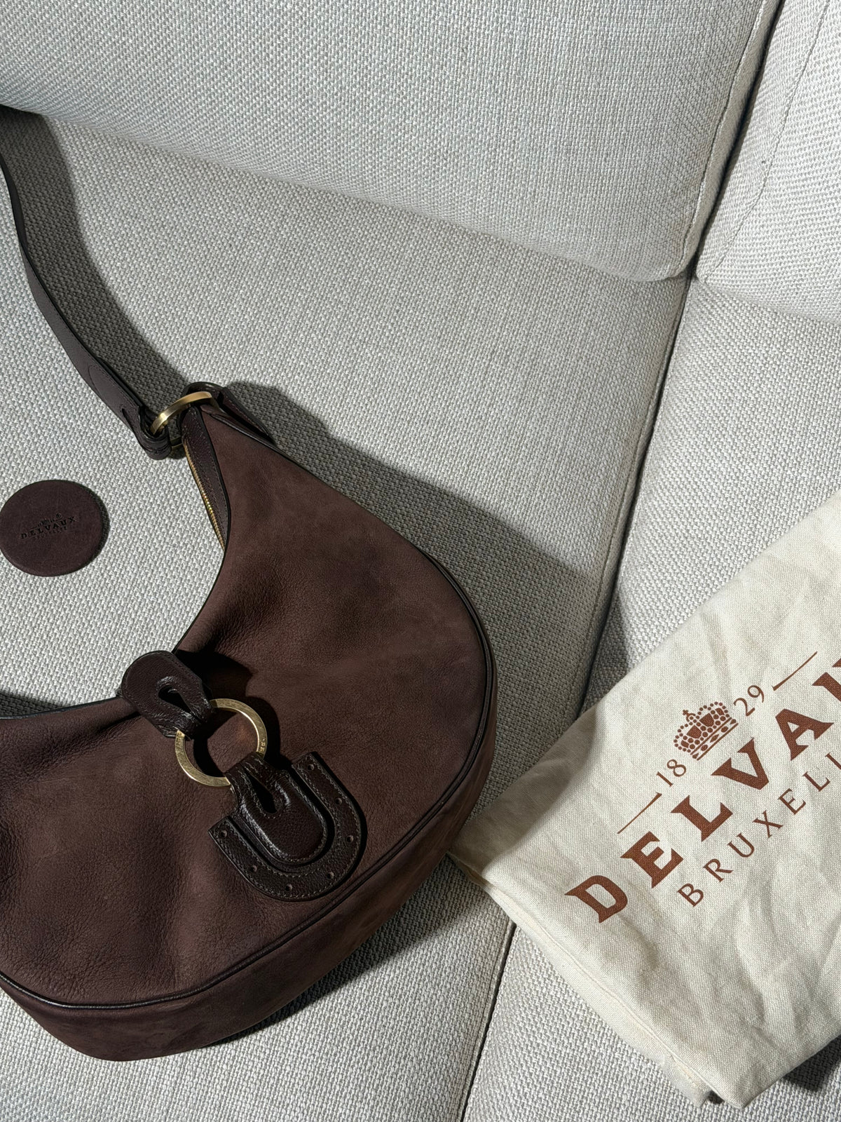 Delvaux Camille PM Shoulder Bag in Brown Suede – With Dust Bag & Mirror