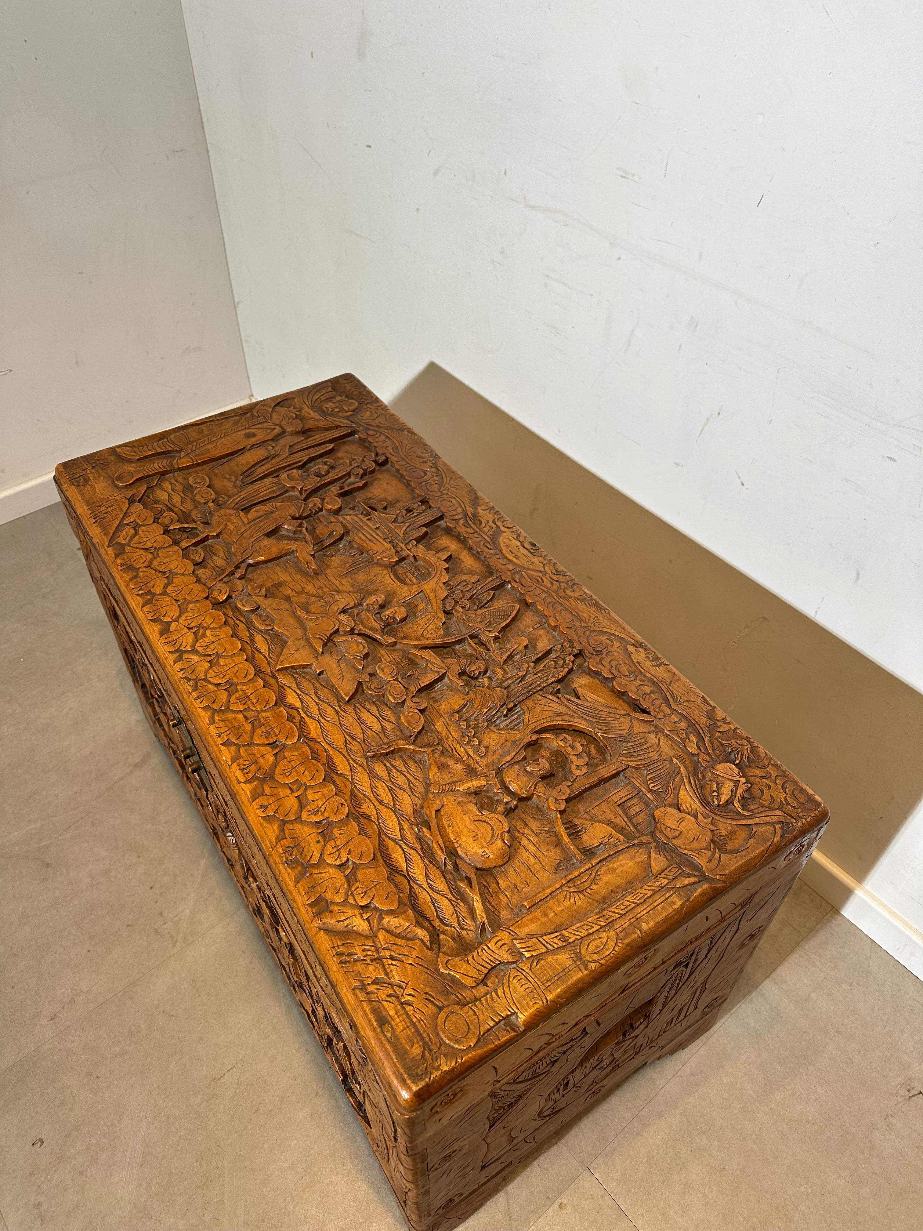Hand Carved Wooden Storage Chest Asian Style