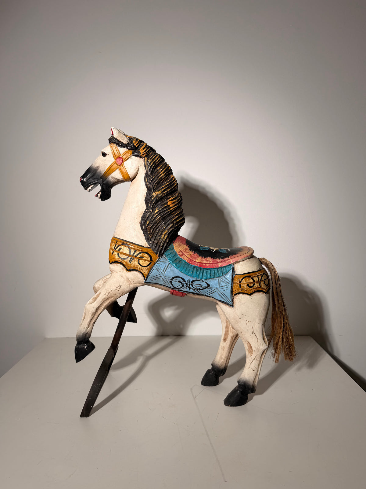 Vintage Hand-Painted Wooden Carousel Horse on Metal Stand