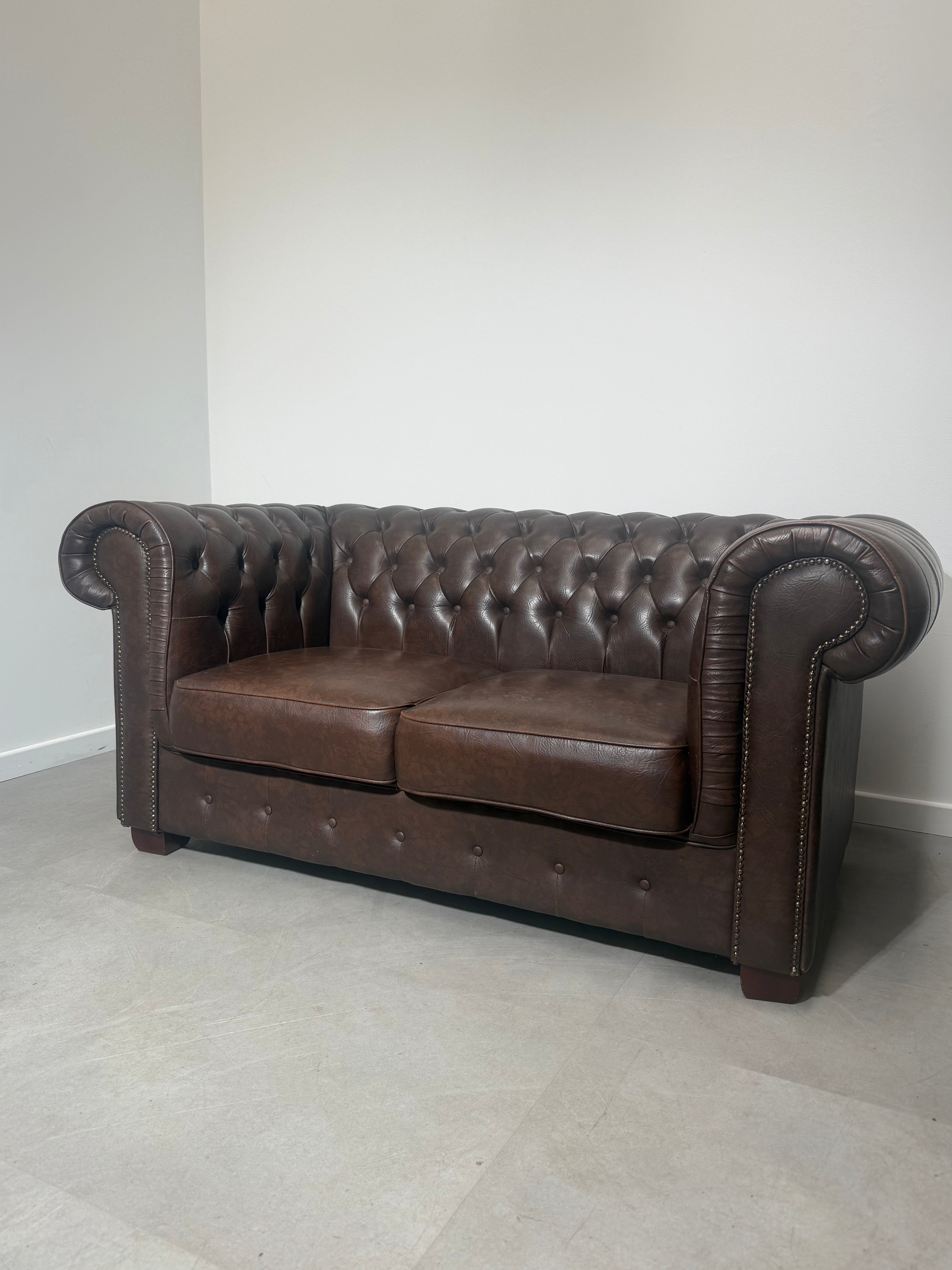 Vintage Chesterfield Two-Seater Sofa – Tobacco Brown Faux Leather