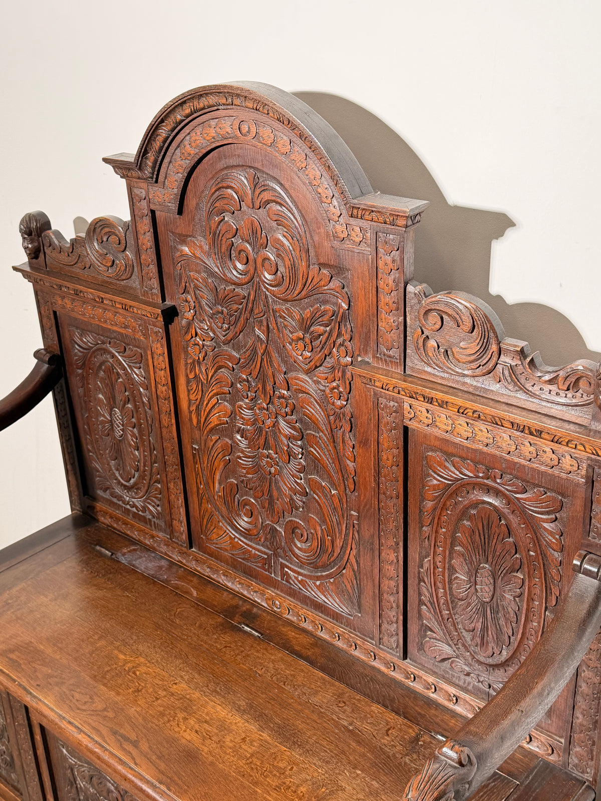 Antique Carved Oak Hall Bench with Storage