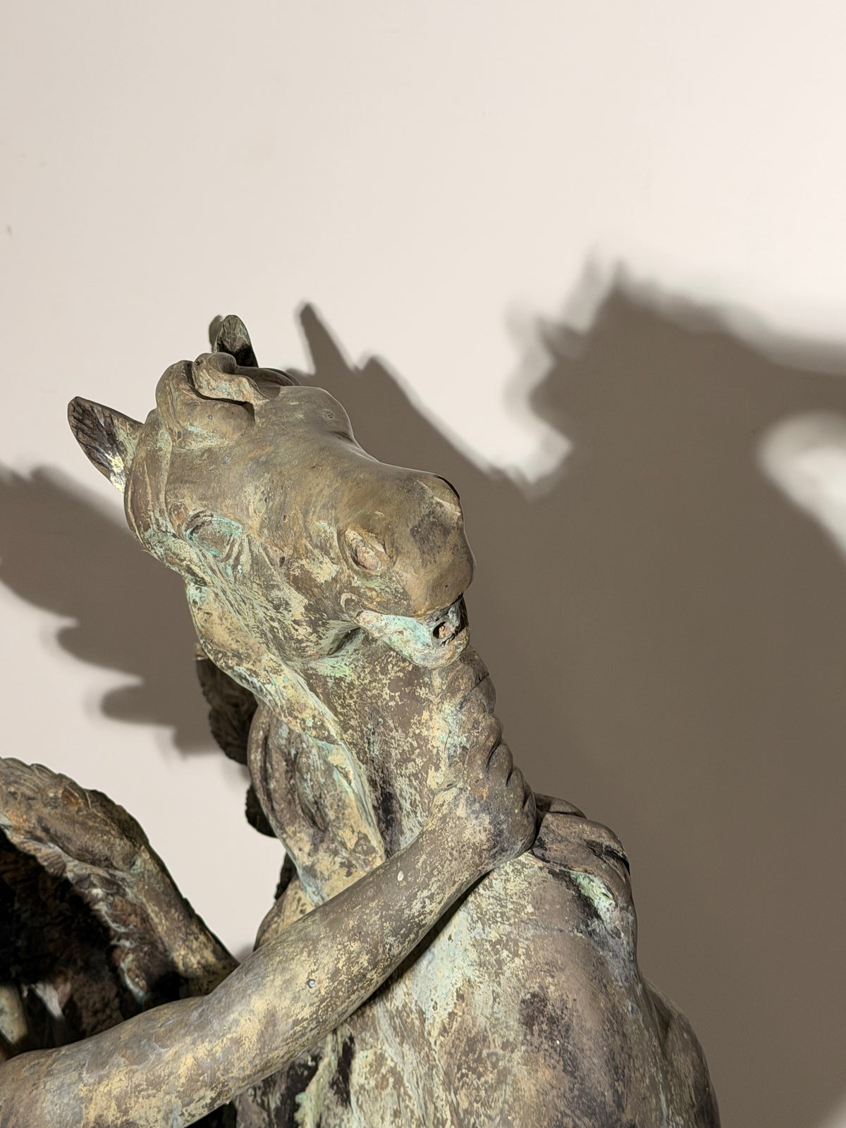 Large Patinated Bronze Pegasus & Winged Figure Sculpture