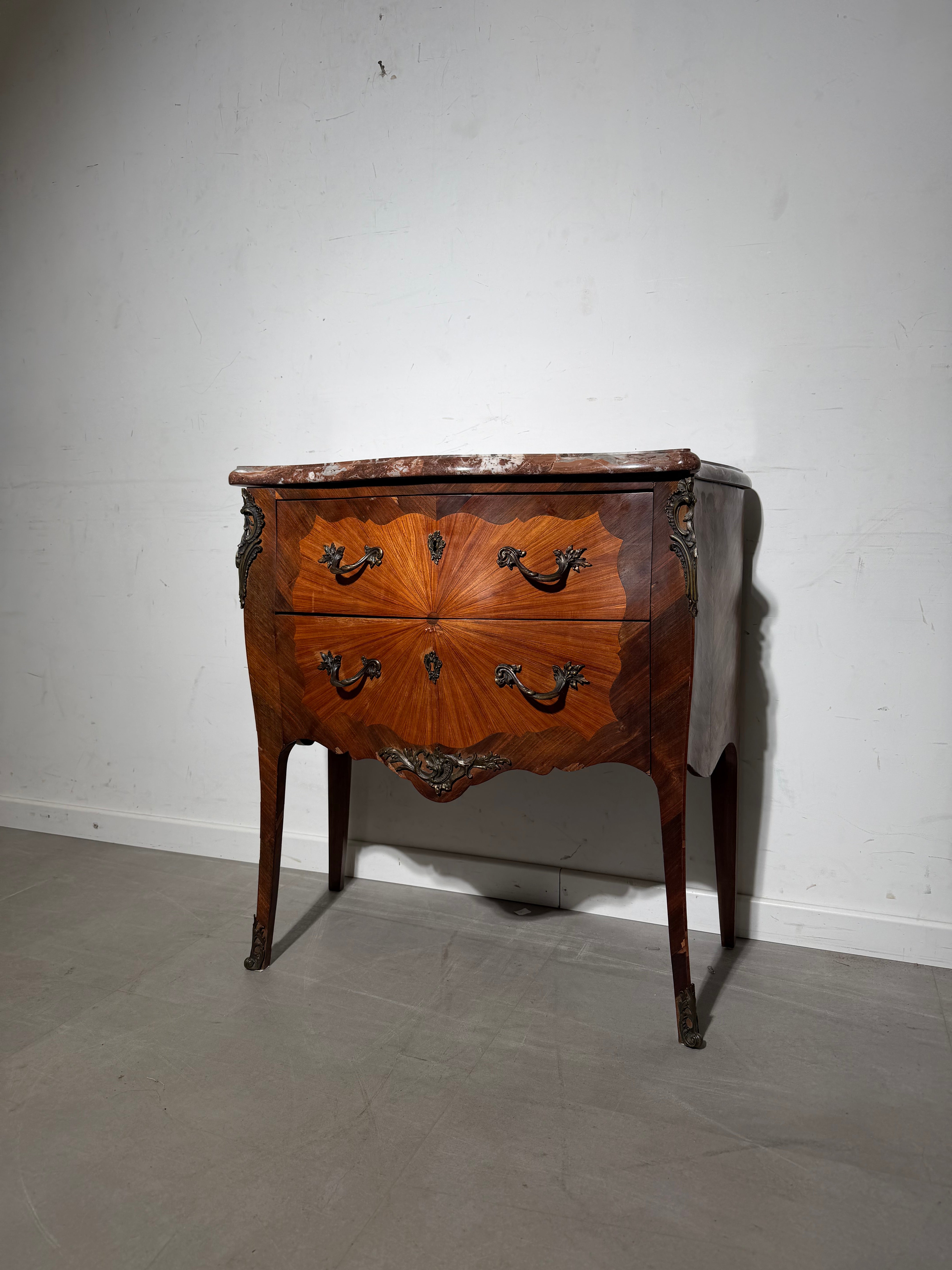 Antique French Louis XV Style Marquetry Commode with Marble Top – 85 x 45 x 85 cm